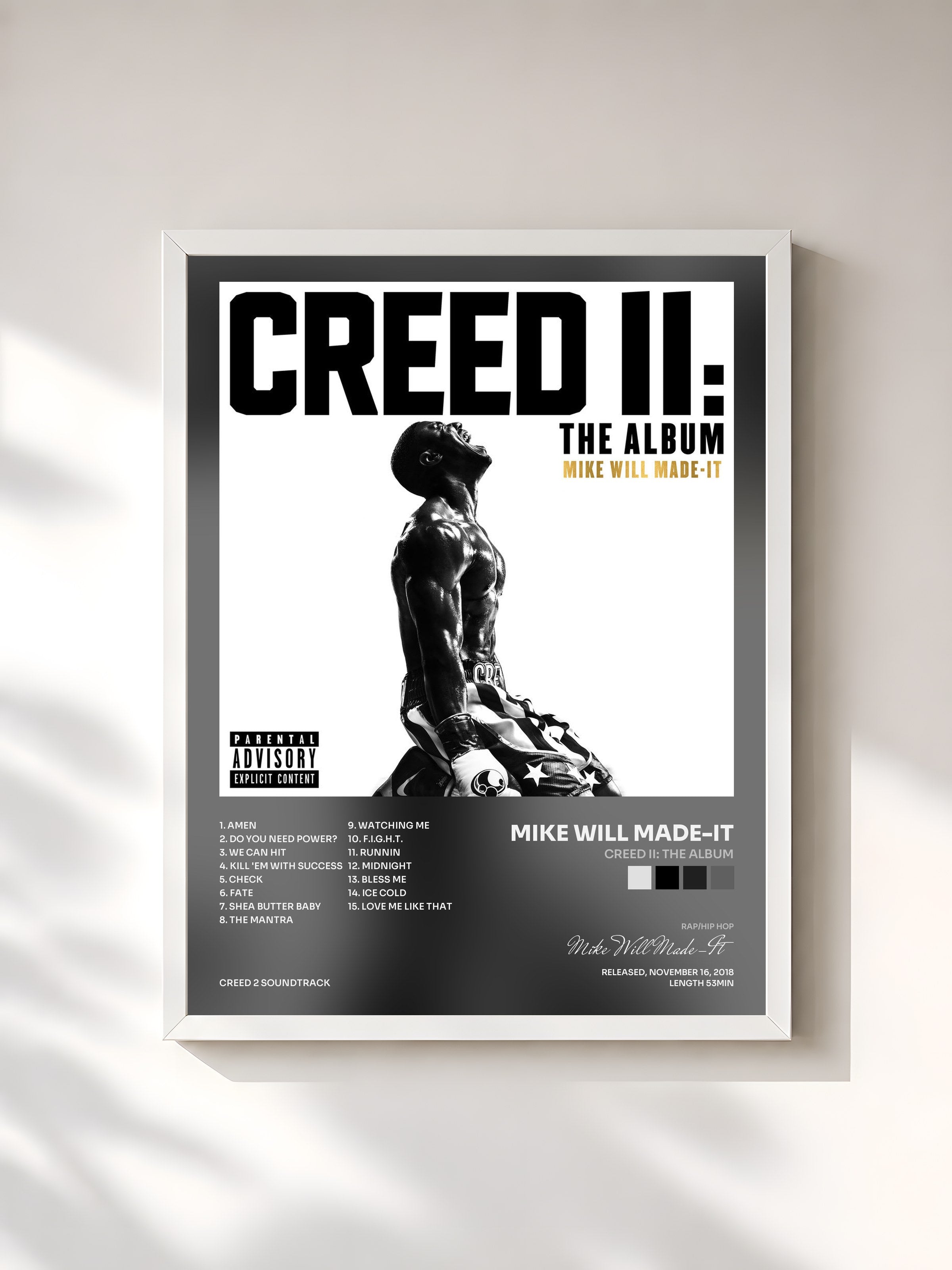#blanc Tableau de l'album Creed II: The Album de Mike Will Made-It, cadre blanc, imprimé et encadré en France