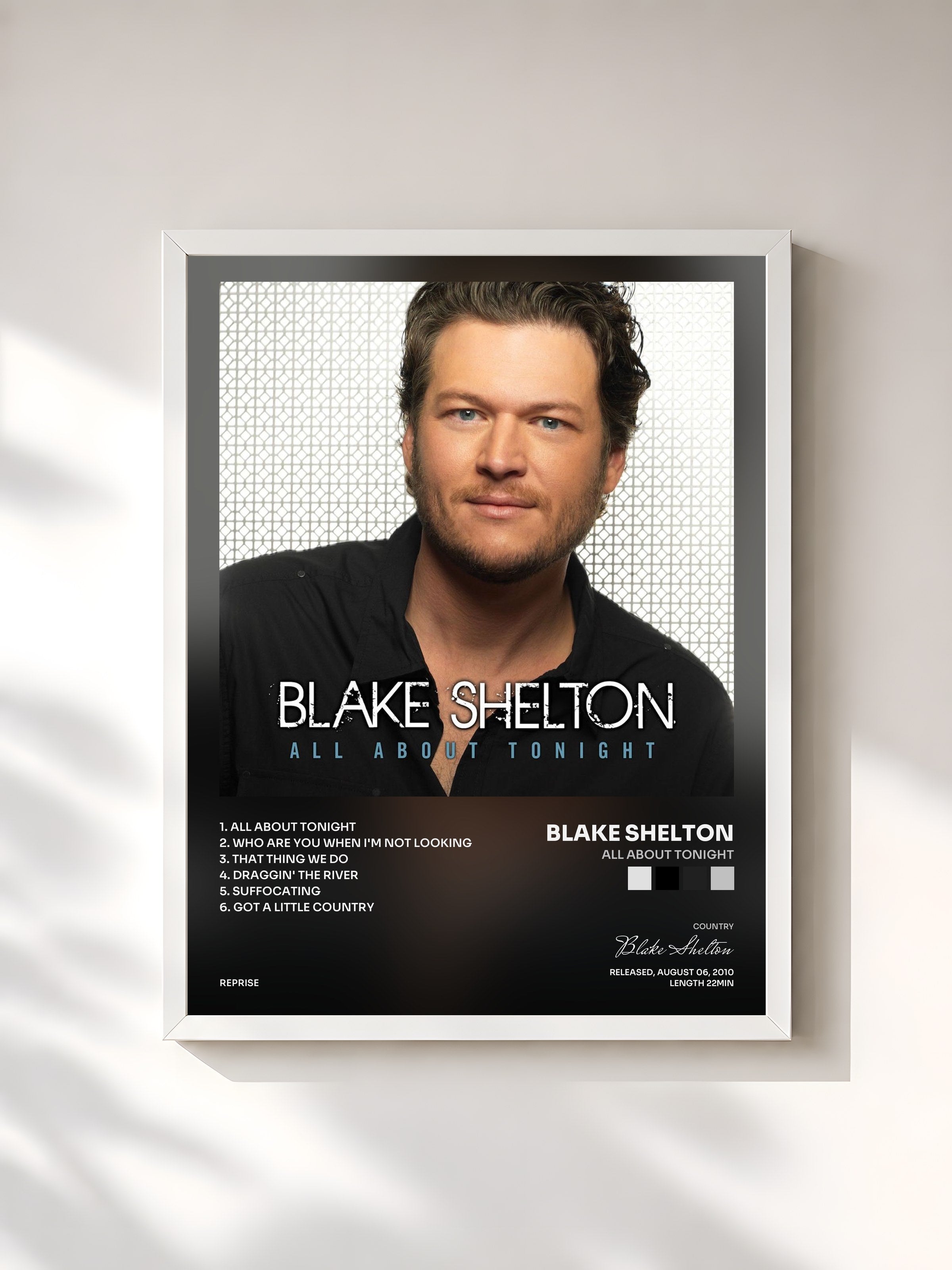 #blanc Tableau de l'album All About Tonight de Blake Shelton, cadre blanc, imprimé et encadré en France