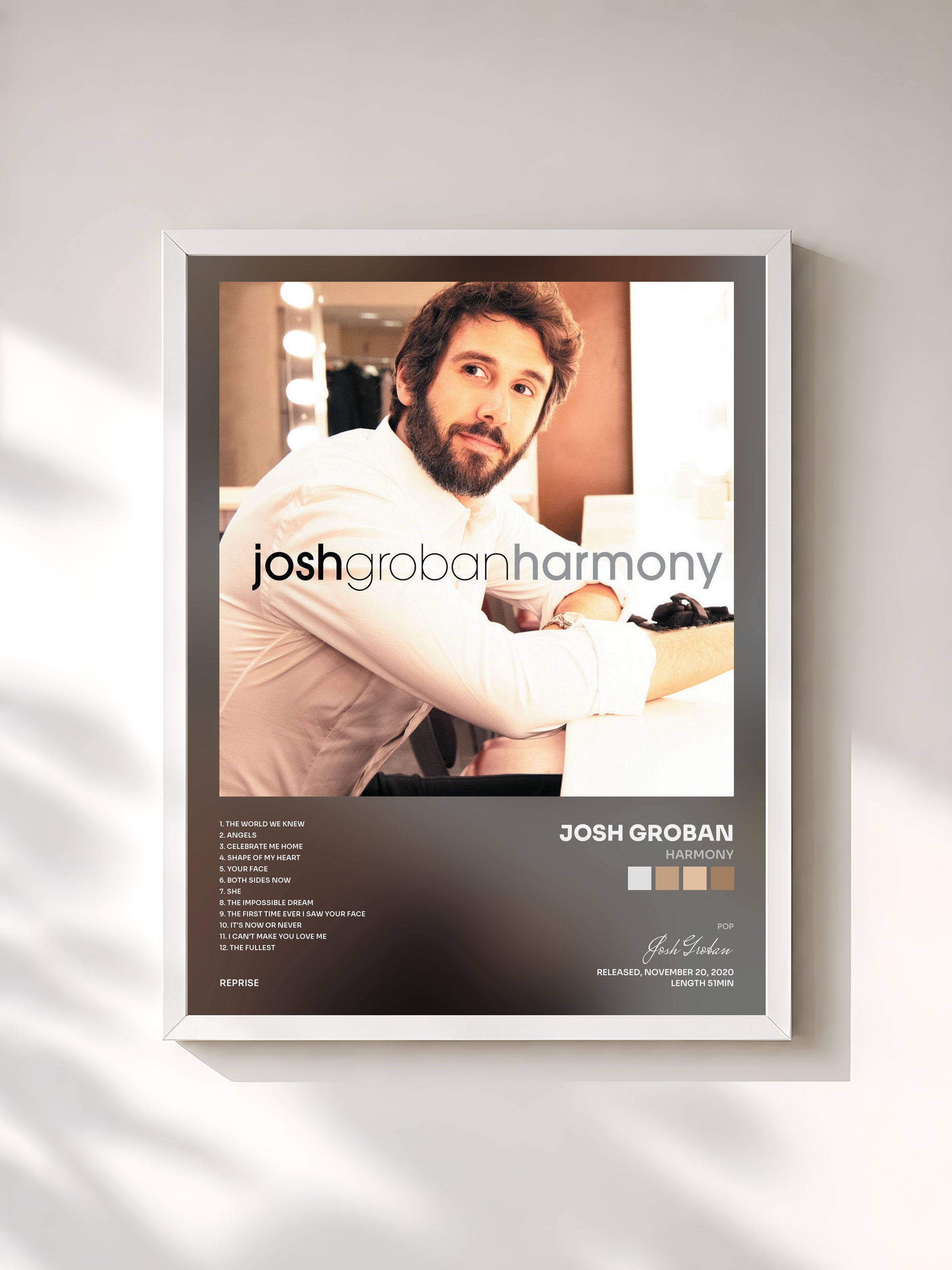 #blanc Tableau de l'album Harmony de Josh Groban, cadre blanc, imprimé et encadré en France