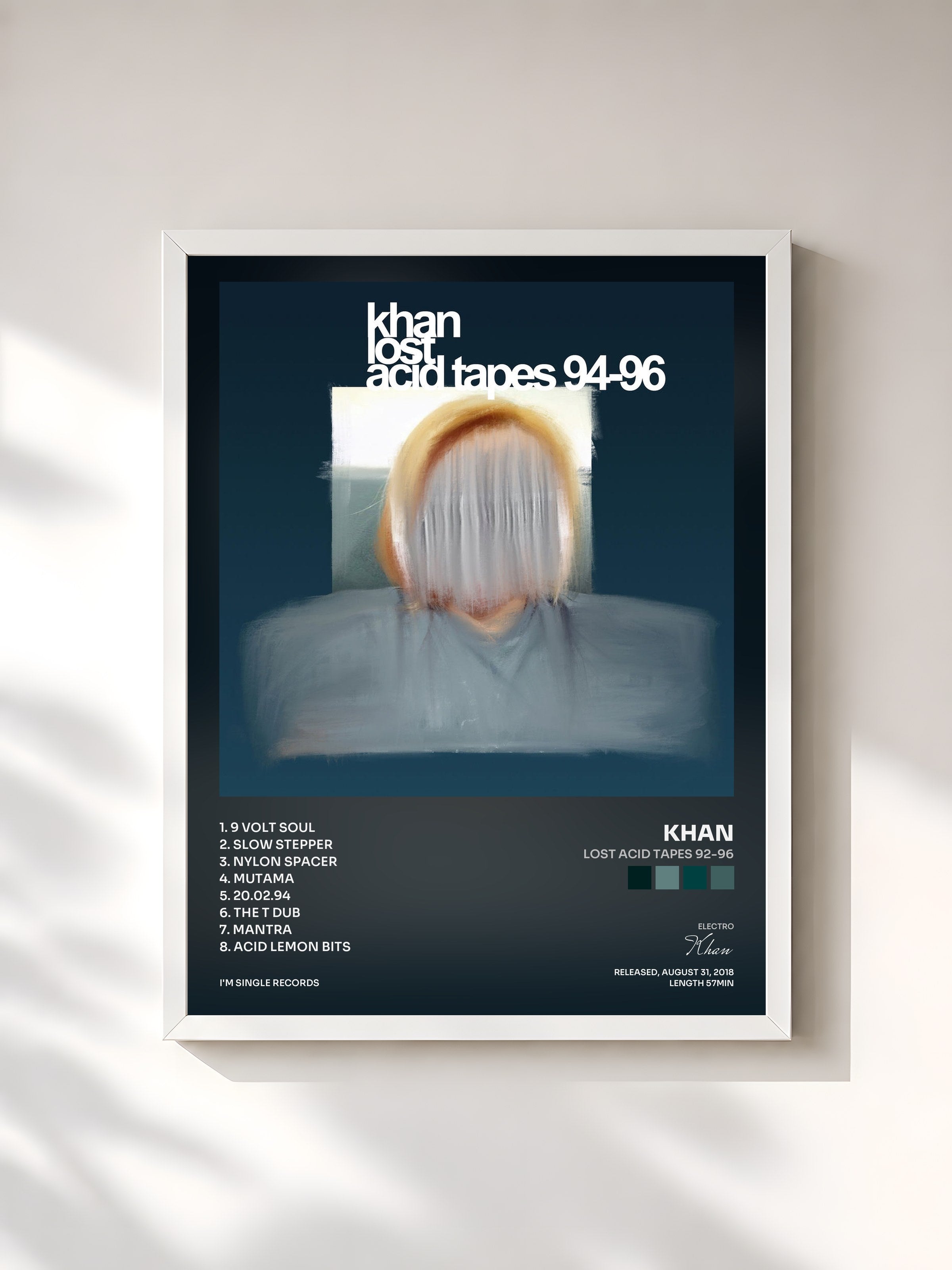 #blanc Tableau de l'album Lost Acid Tapes 92-96 de Khan, cadre blanc, imprimé et encadré en France
