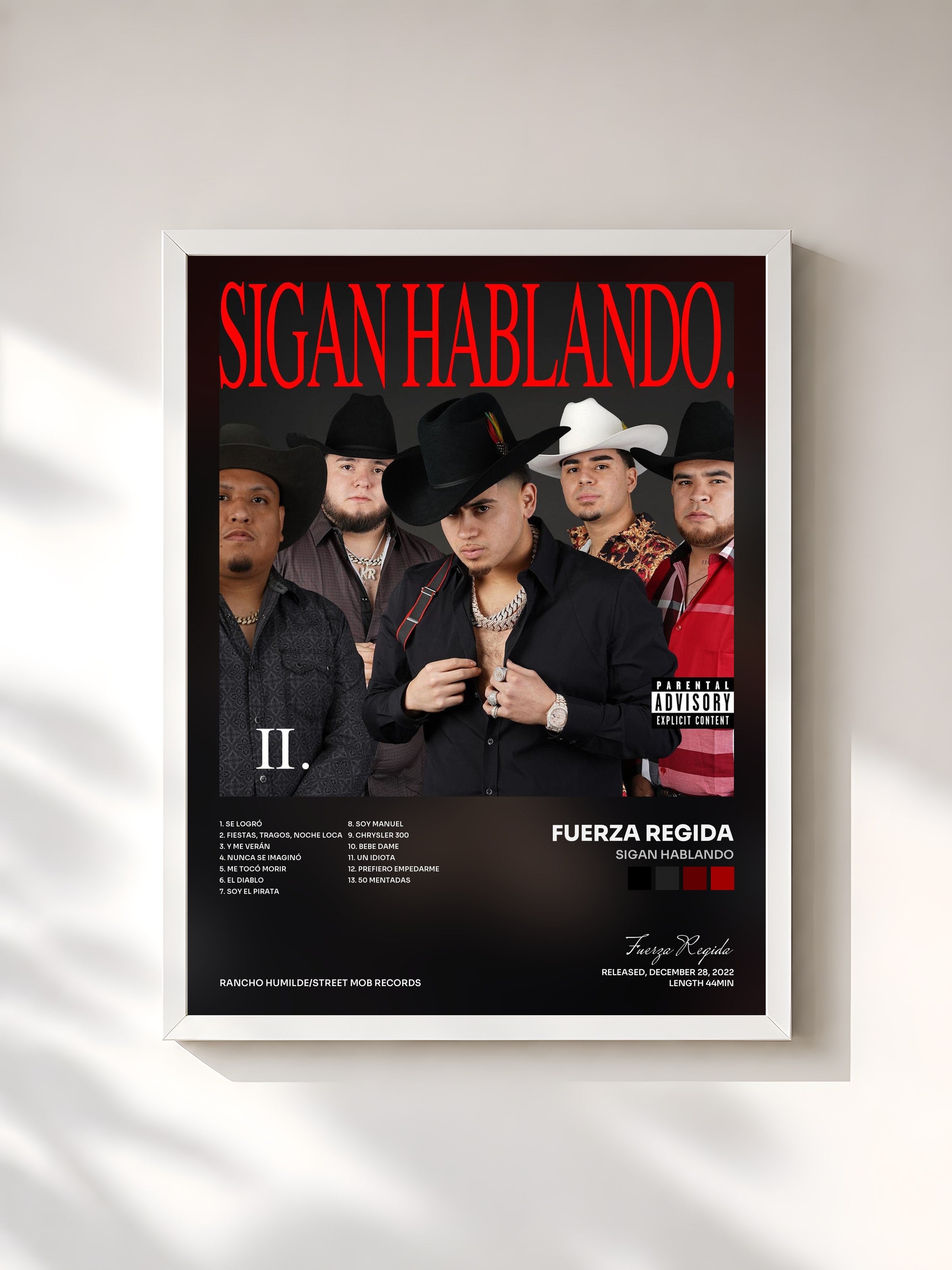 #blanc Tableau de l'album Sigan Hablando de Fuerza Regida, cadre blanc, imprimé et encadré en France