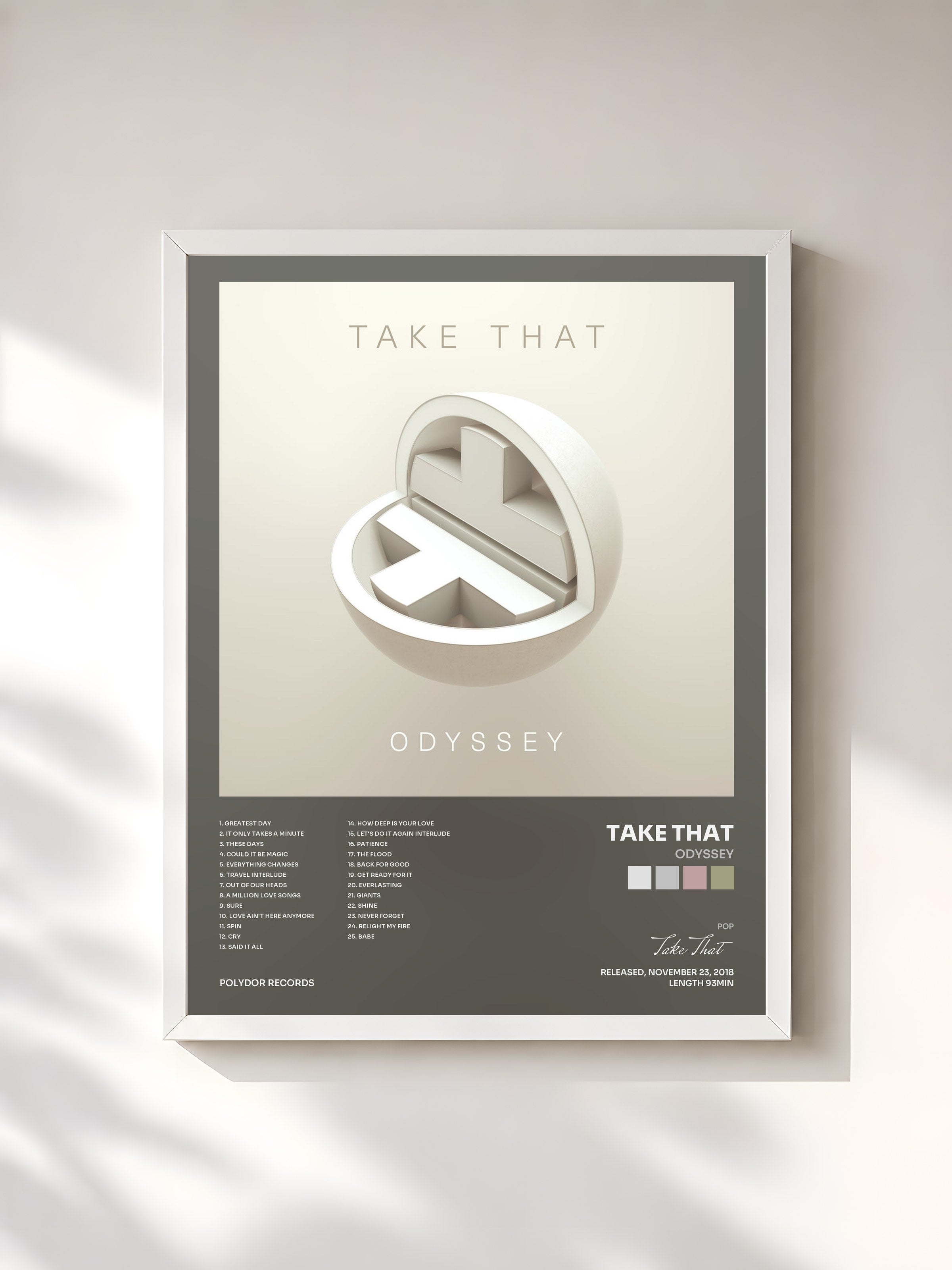 #blanc Tableau de l'album Odyssey de Take That, cadre blanc, imprimé et encadré en France