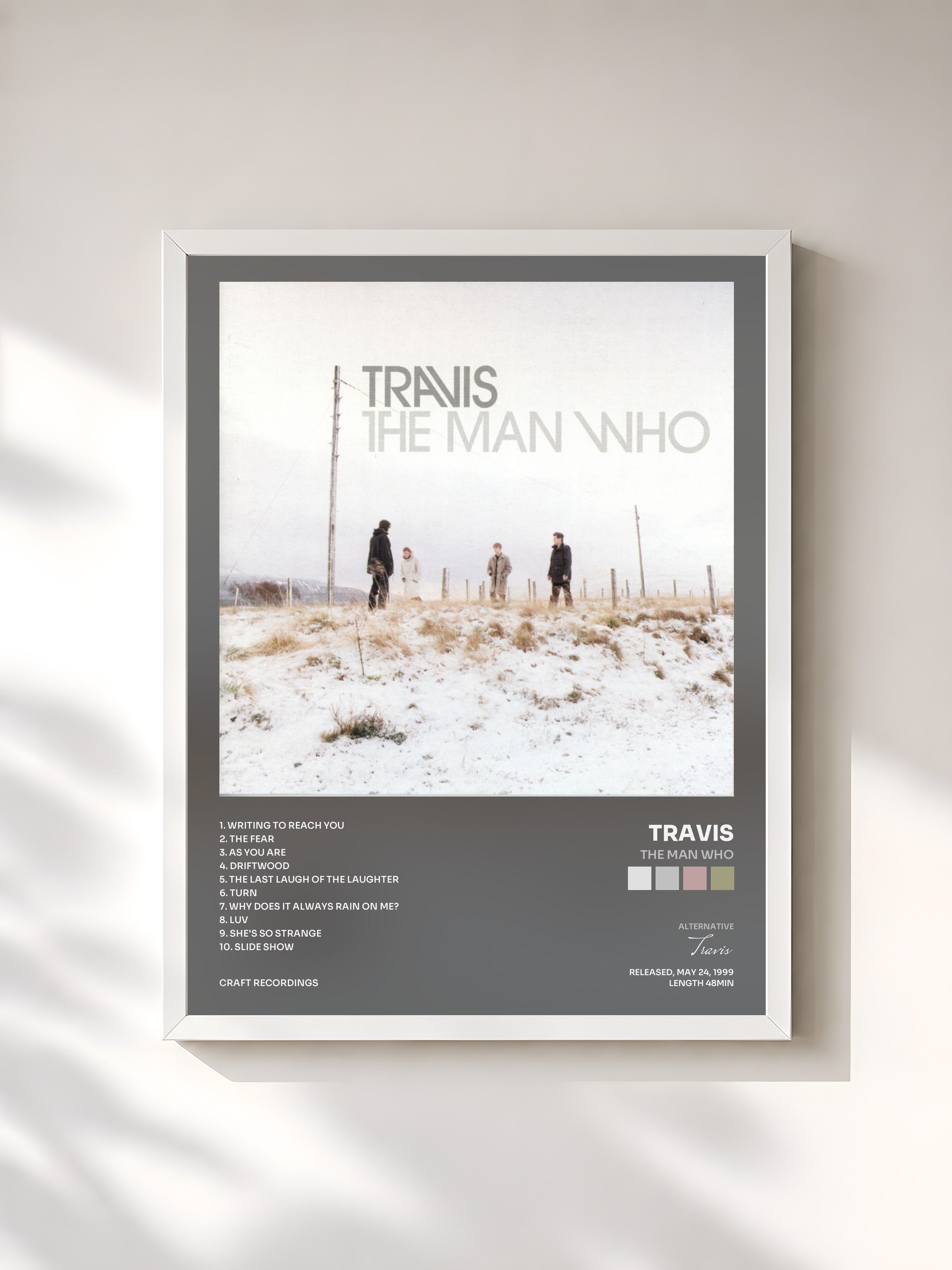 #blanc Tableau de l'album The Man Who de Travis, cadre blanc, imprimé et encadré en France