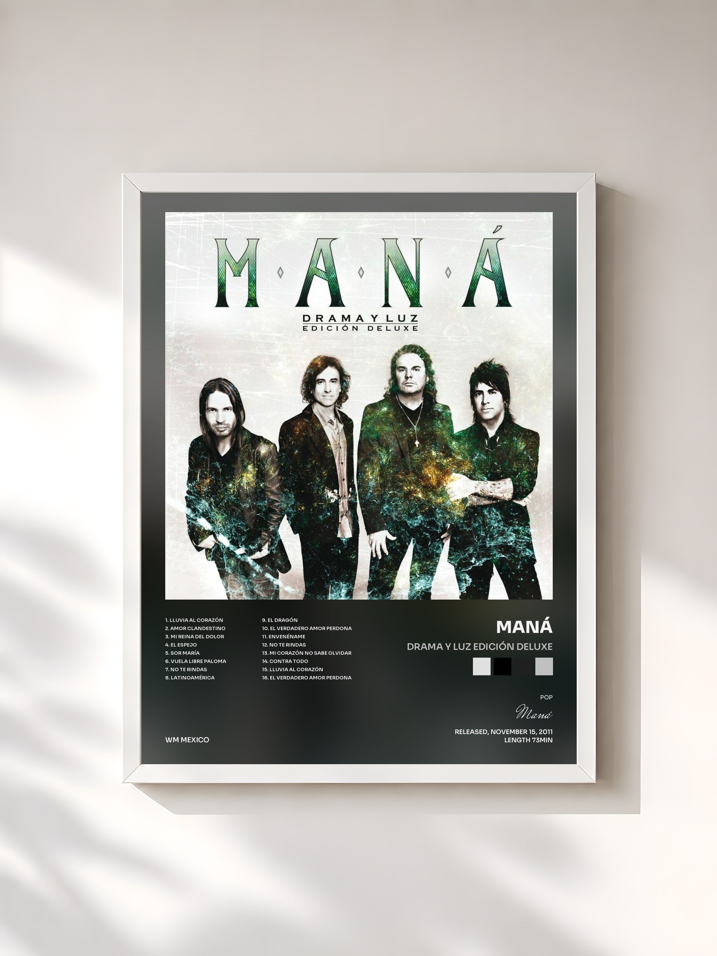 #blanc Tableau de l'album Drama Y Luz Edición Deluxe de Maná, cadre blanc, imprimé et encadré en France