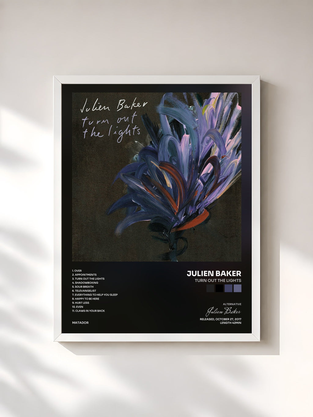 #blanc Turn Out the Lights by Julien Baker as a framed art print, white frame, printed and framed in France