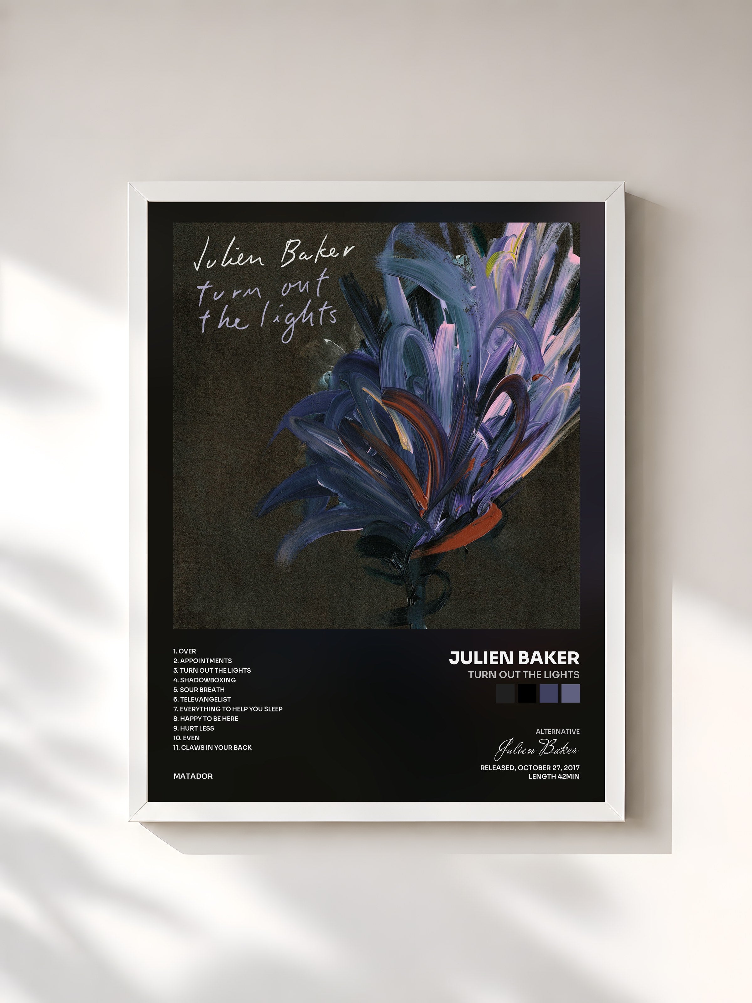 #blanc Tableau de l'album Turn Out the Lights de Julien Baker, cadre blanc, imprimé et encadré en France