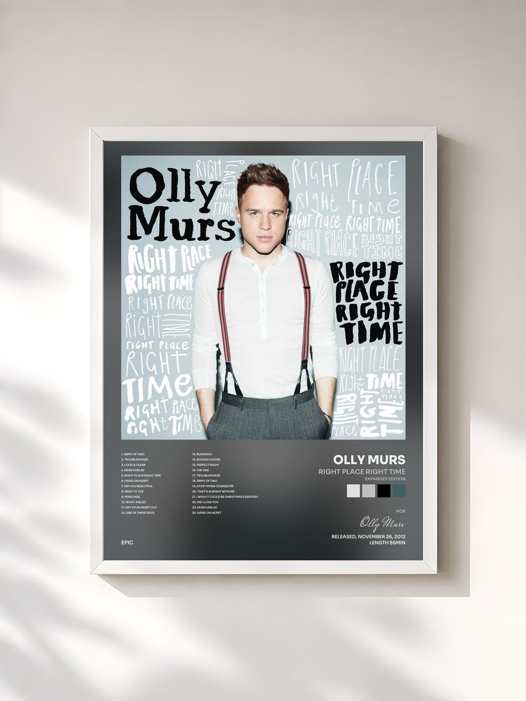 #blanc Tableau de l'album Right Place Right Time (Expanded Edition) de Olly Murs, cadre blanc, imprimé et encadré en France