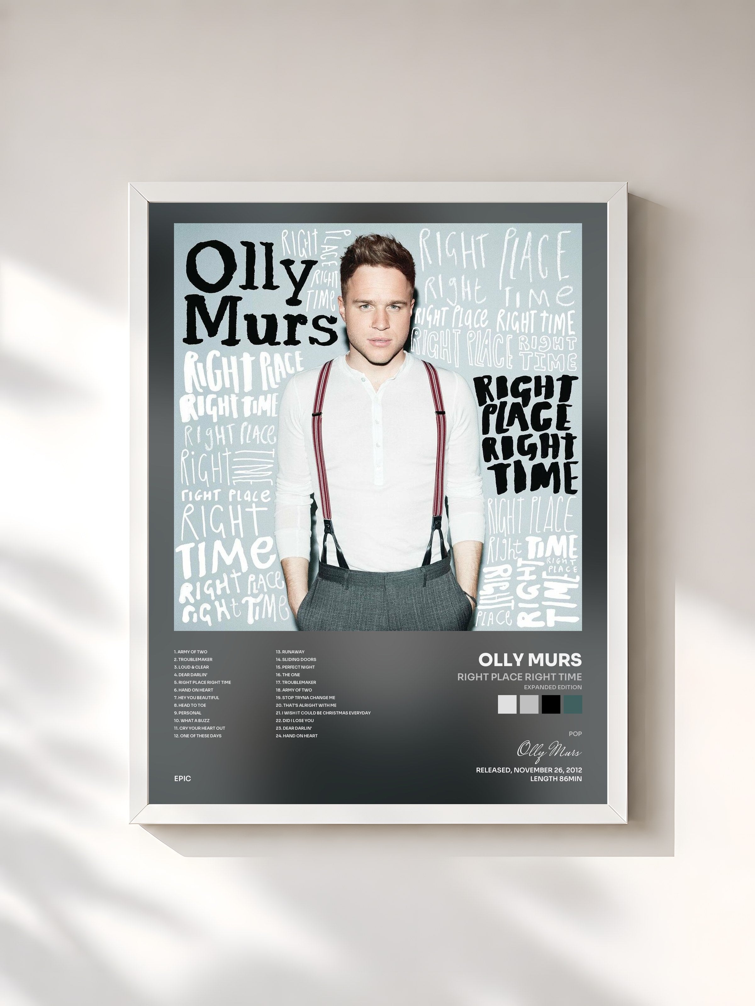 #blanc Tableau de l'album Right Place Right Time (Expanded Edition) de Olly Murs, cadre blanc, imprimé et encadré en France