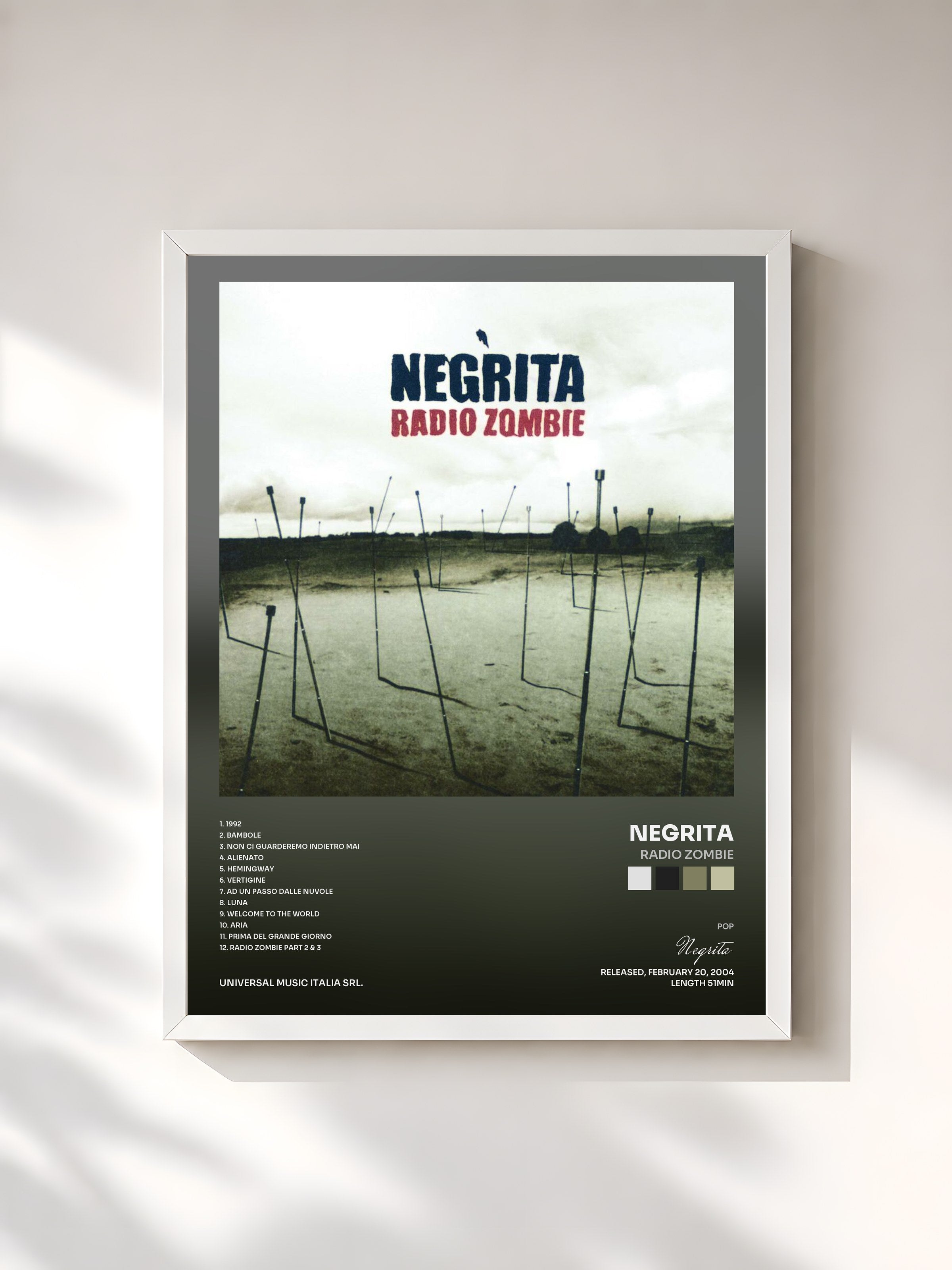 #blanc Tableau de l'album Radio Zombie de Negrita, cadre blanc, imprimé et encadré en France