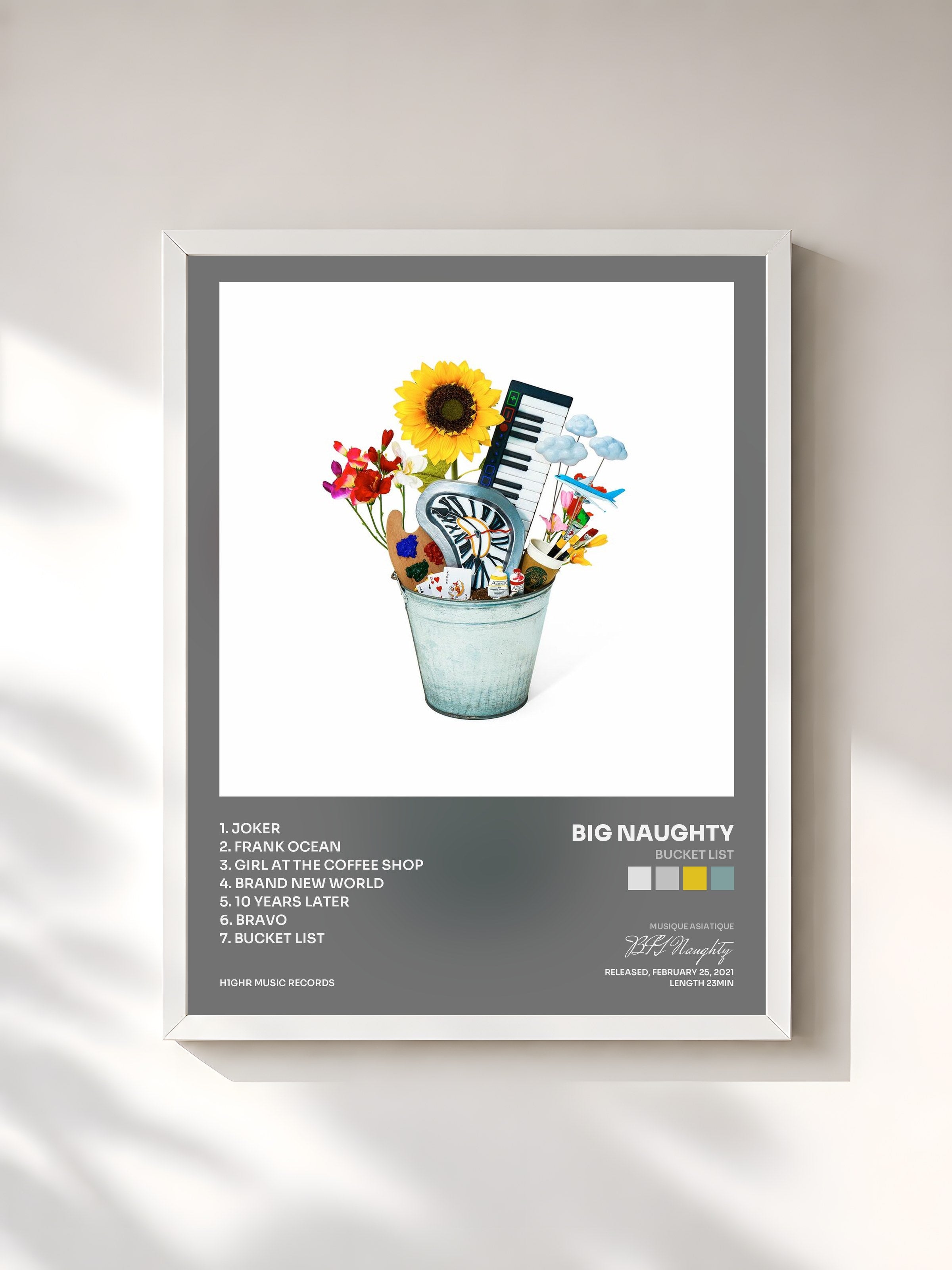 #blanc Tableau de l'album Bucket List de BIG Naughty, cadre blanc, imprimé et encadré en France