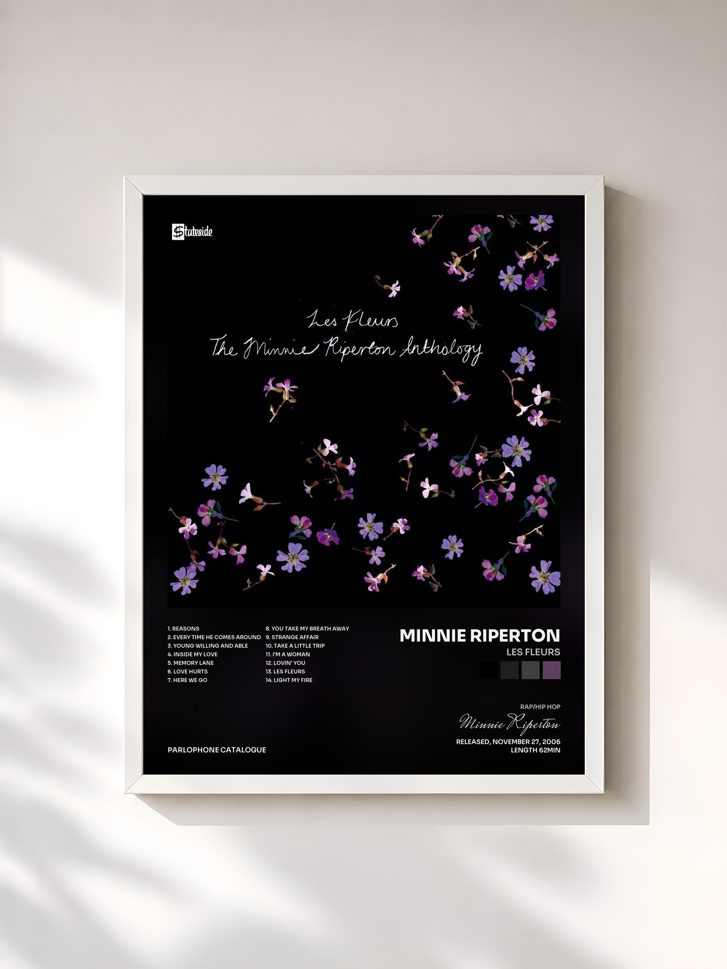 #blanc Tableau de l'album Les Fleurs de Minnie Riperton, cadre blanc, imprimé et encadré en France
