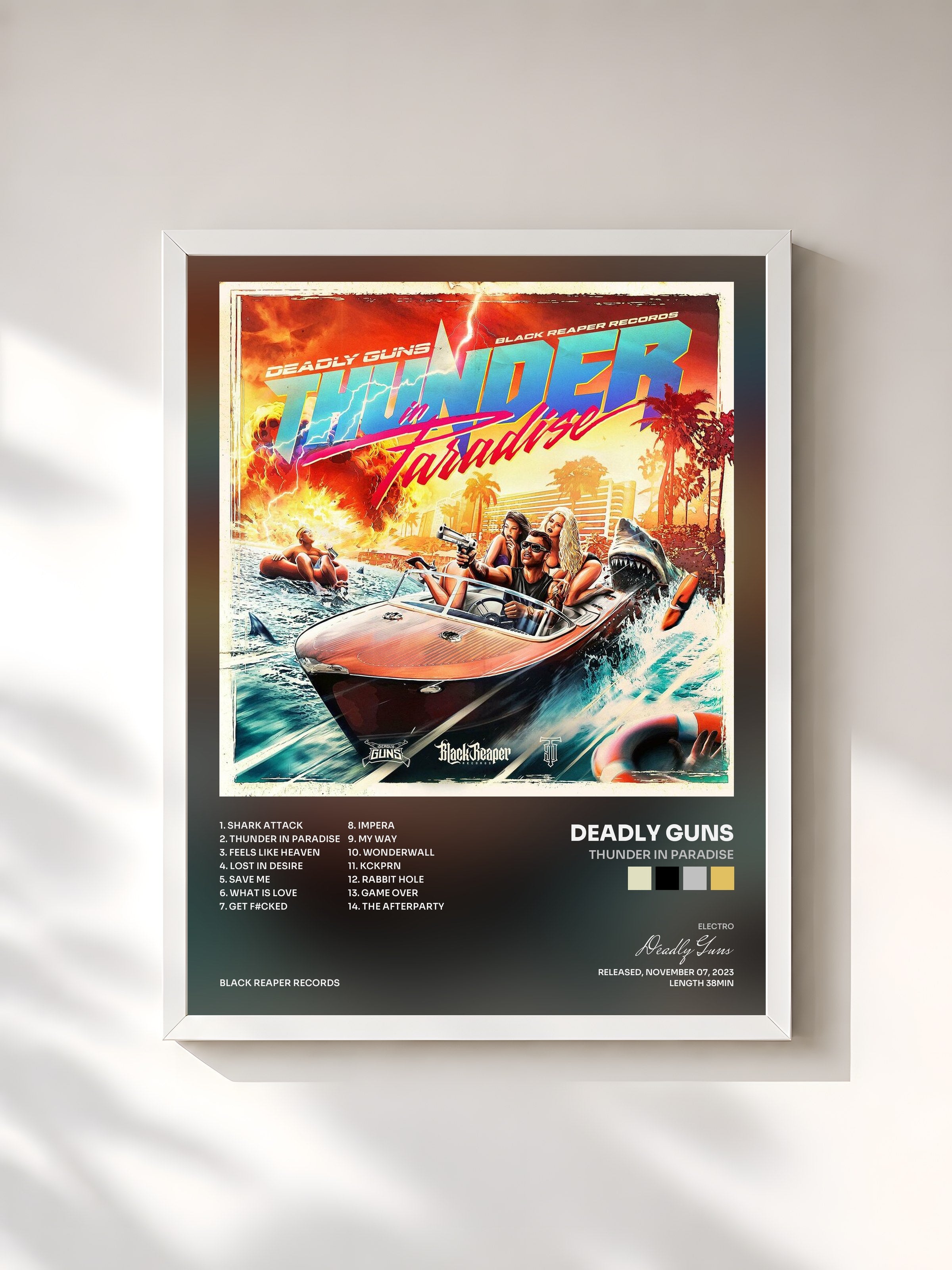 #blanc Tableau de l'album Thunder In Paradise de Deadly Guns, cadre blanc, imprimé et encadré en France