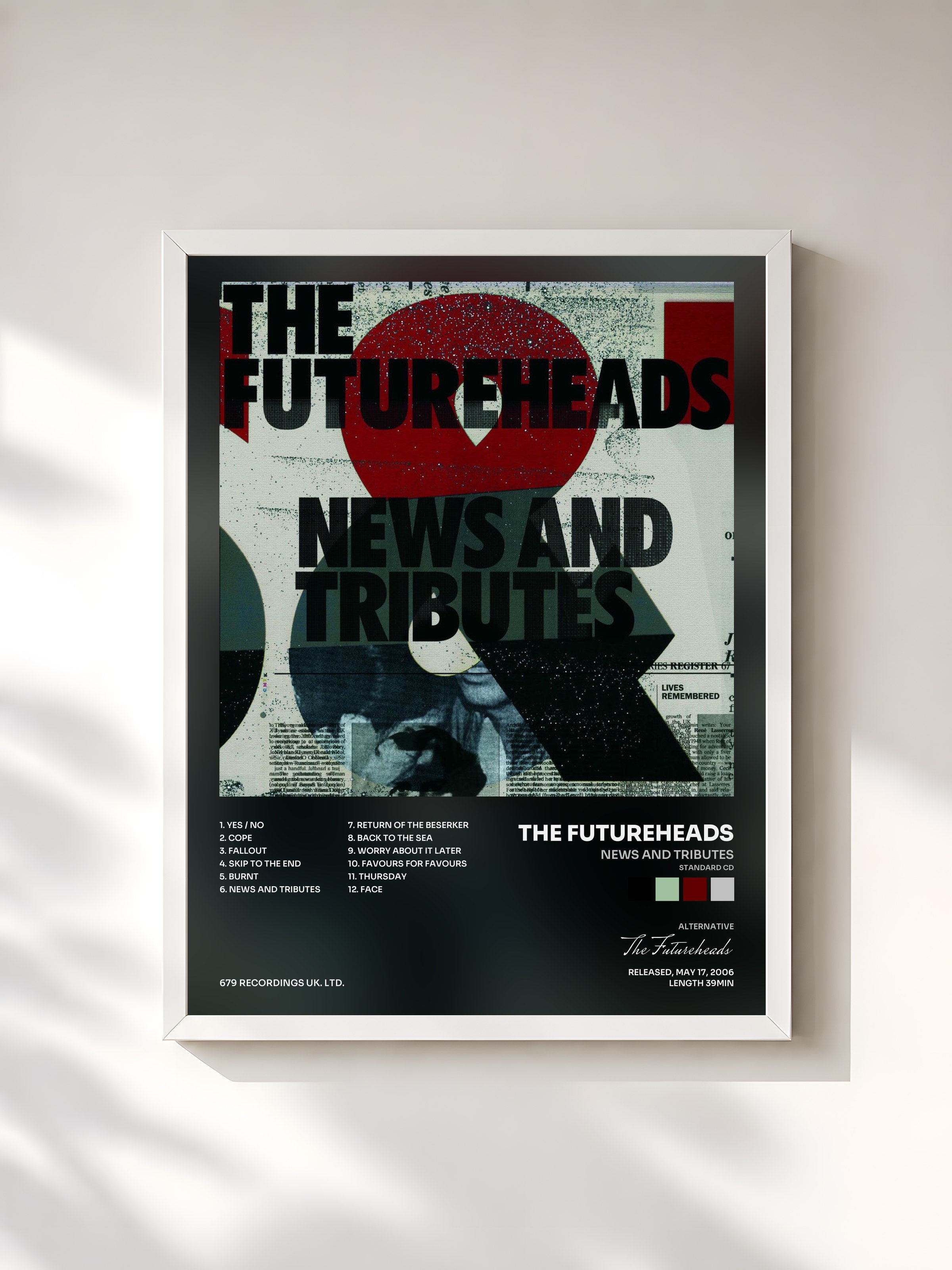 #blanc Tableau de l'album News And Tributes (Standard CD) de The Futureheads, cadre blanc, imprimé et encadré en France