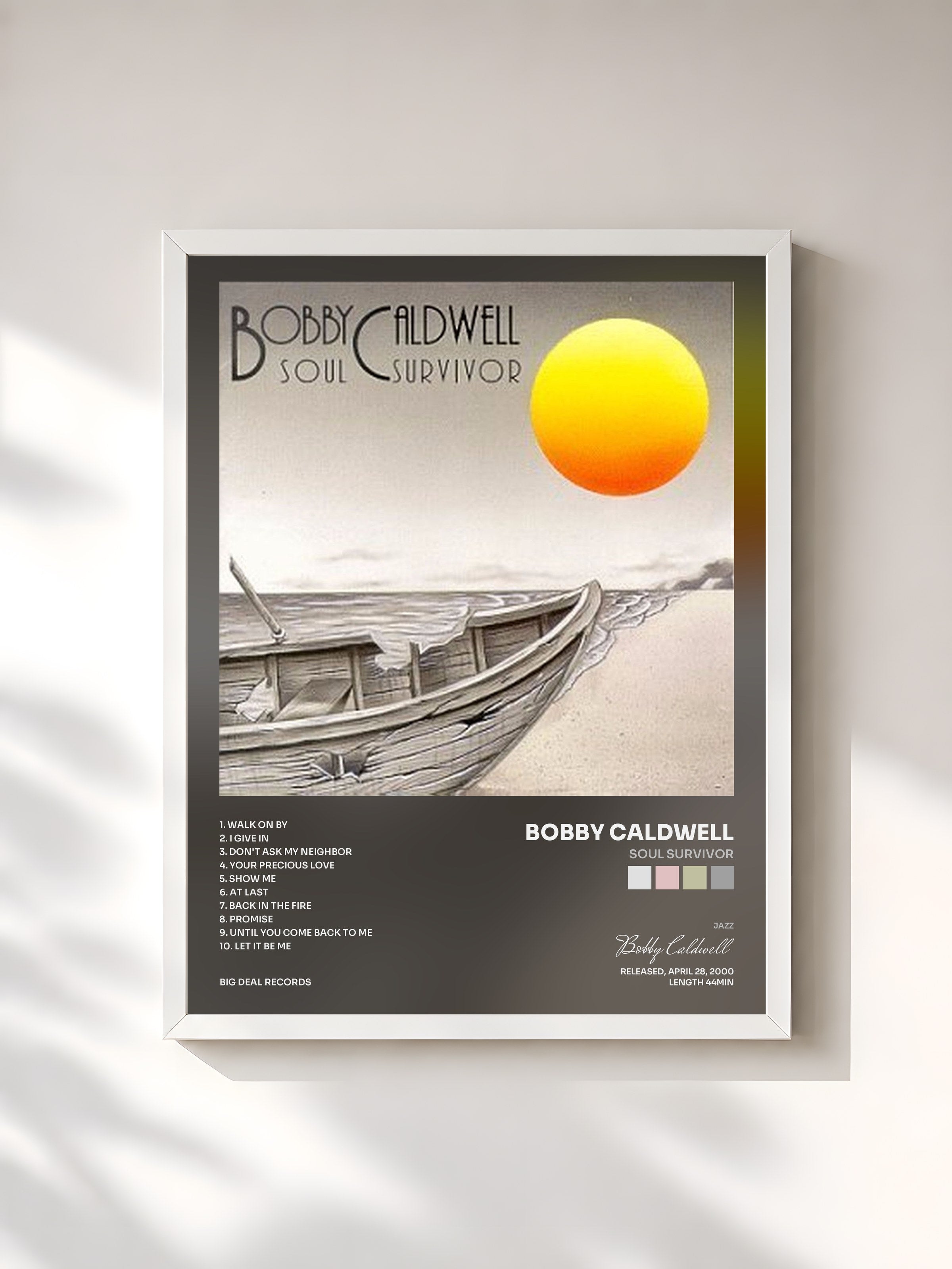 #blanc Tableau de l'album Soul Survivor de Bobby Caldwell, cadre blanc, imprimé et encadré en France