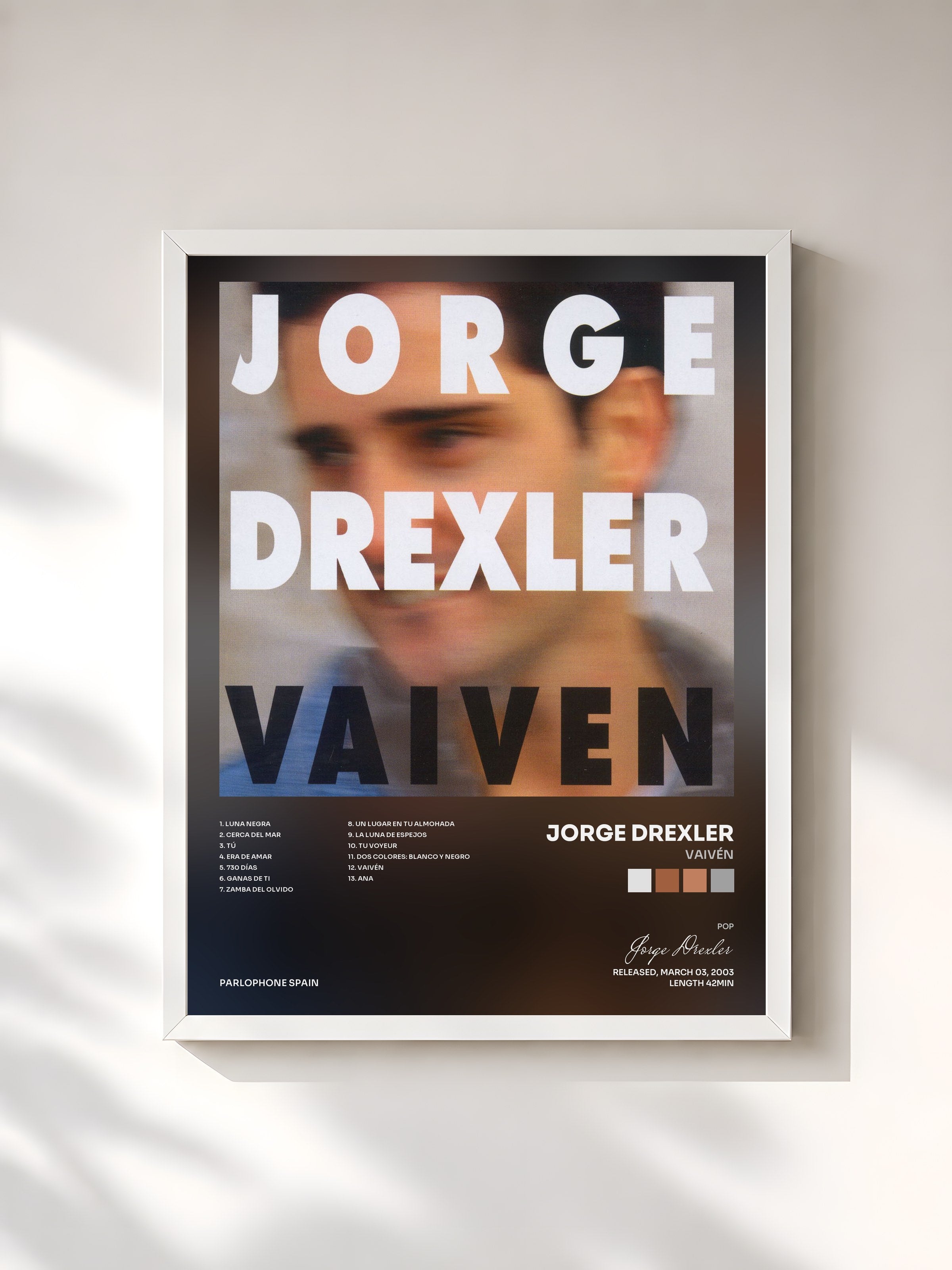 #blanc Tableau de l'album Vaivén de Jorge Drexler, cadre blanc, imprimé et encadré en France