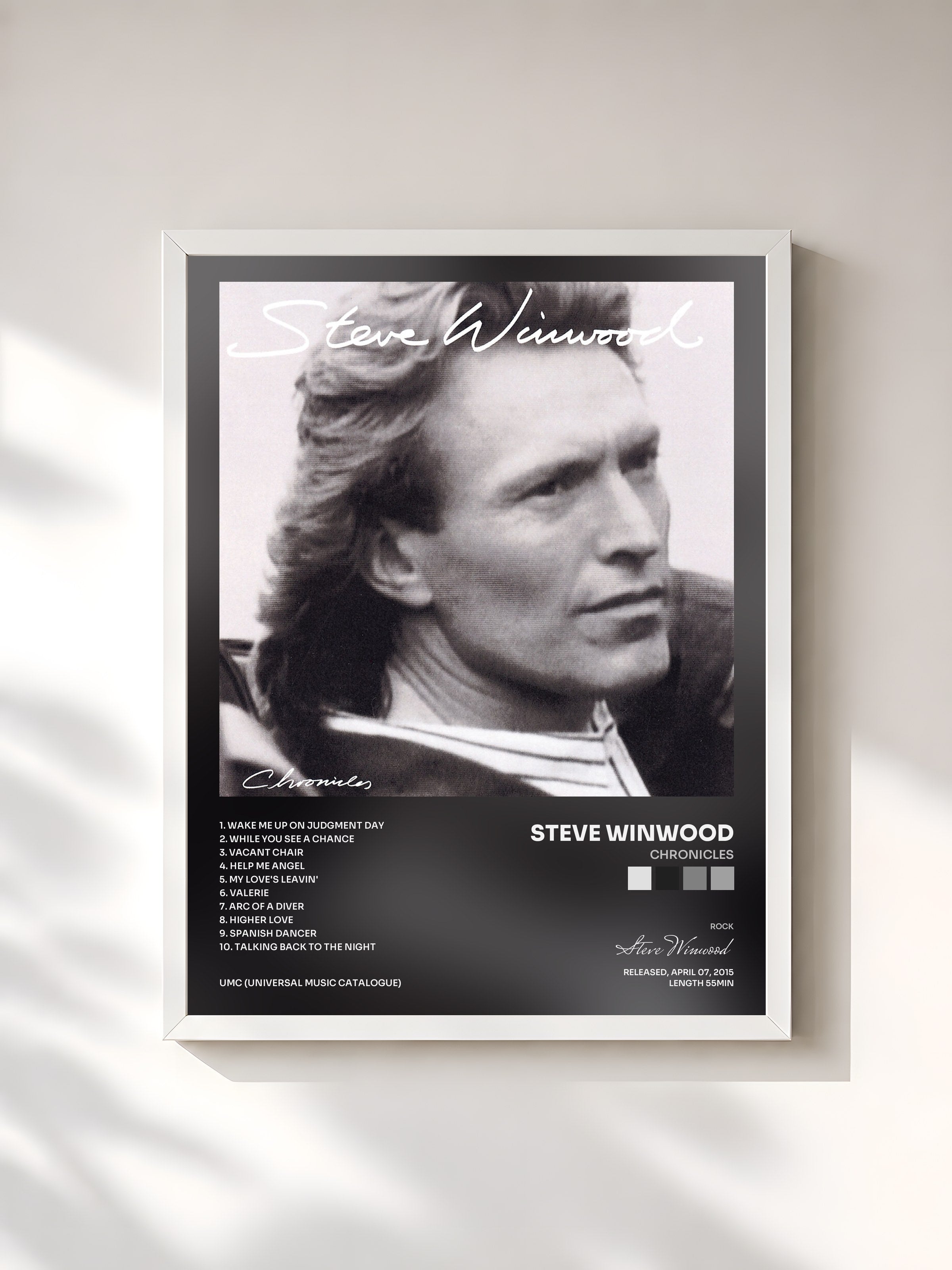 #blanc Tableau de l'album Chronicles de Steve Winwood, cadre blanc, imprimé et encadré en France