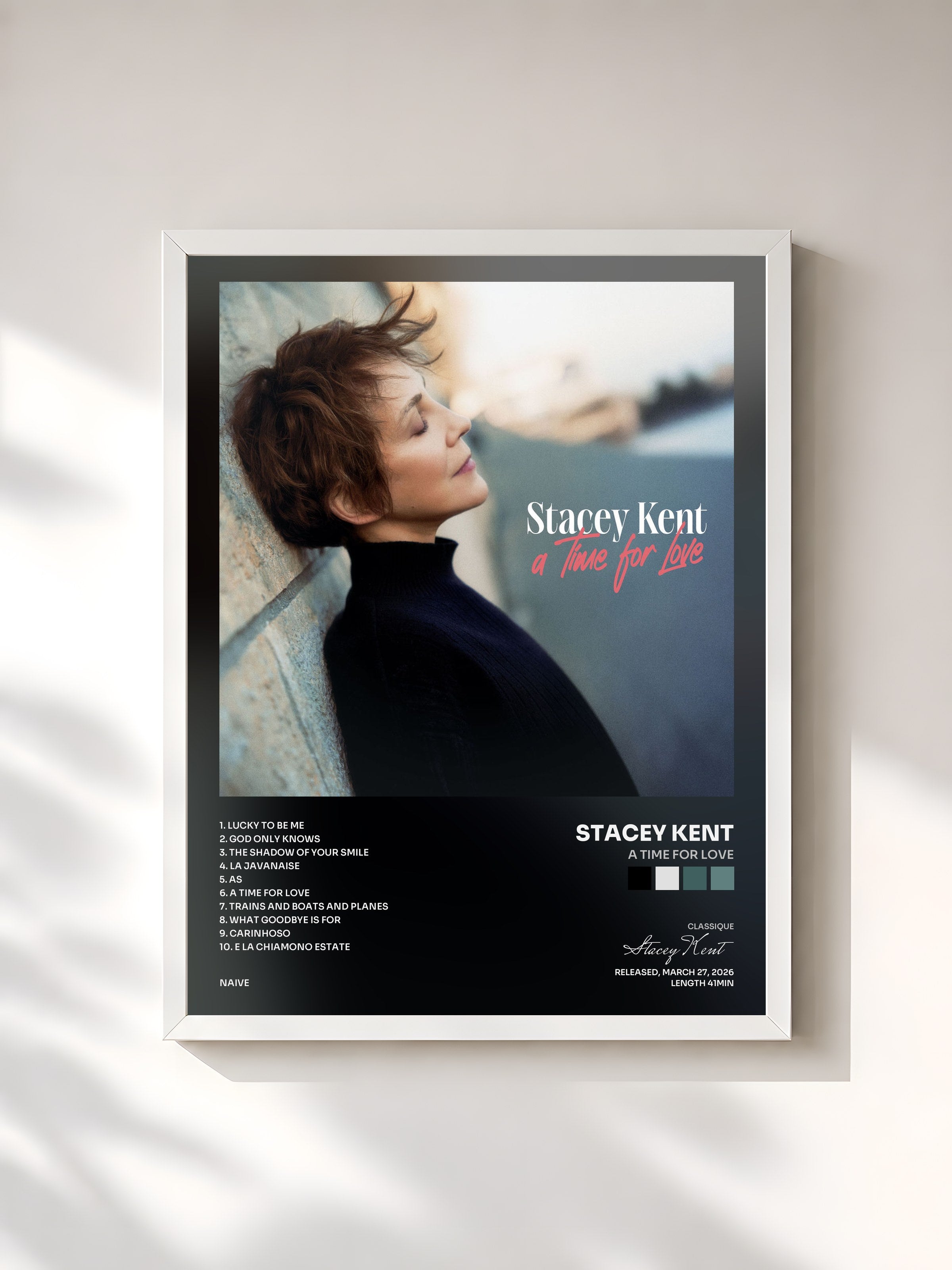 #blanc Tableau de l'album A Time For Love de Stacey Kent, cadre blanc, imprimé et encadré en France