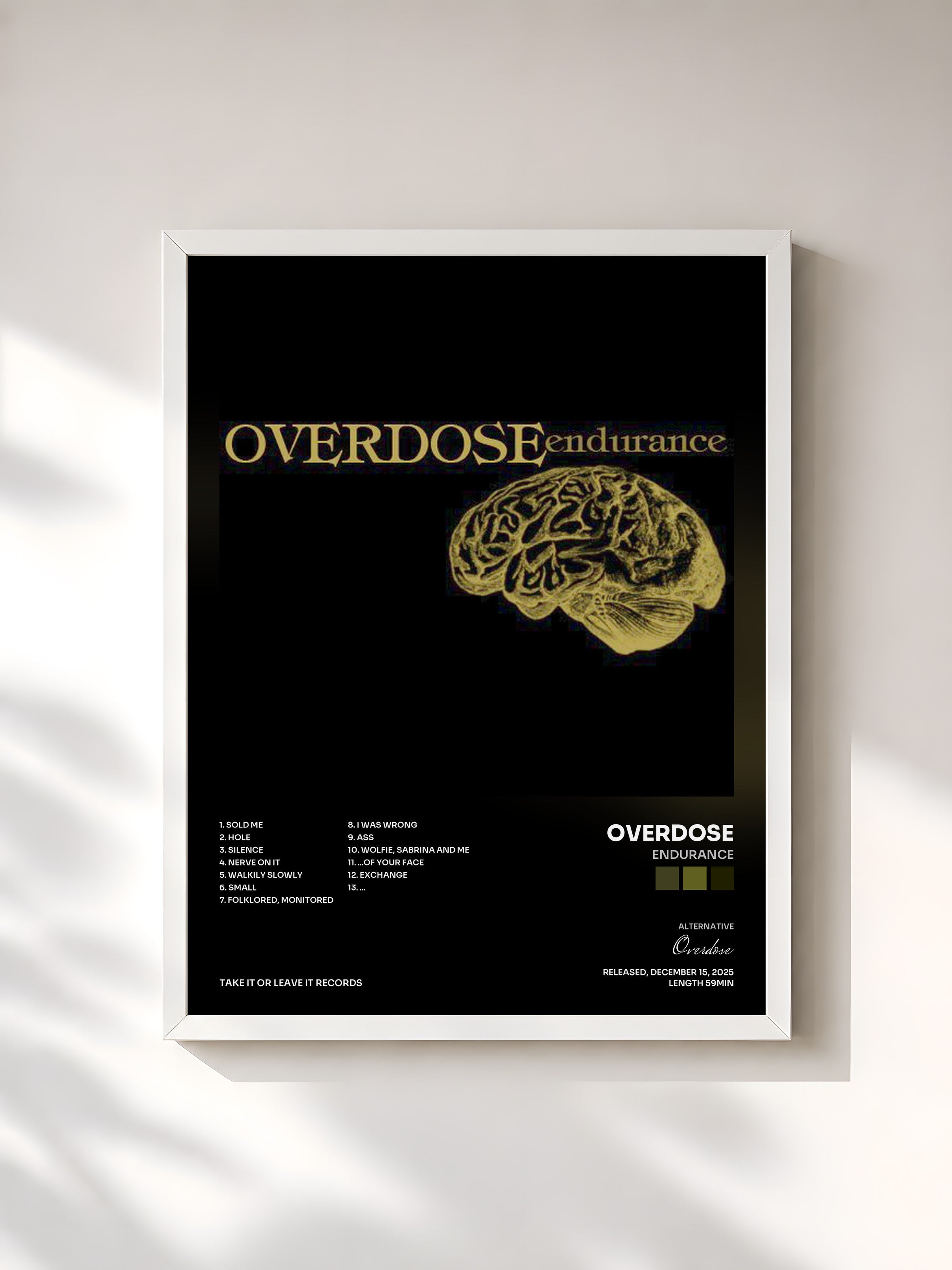 #blanc Tableau de l'album Endurance de Overdose, cadre blanc, imprimé et encadré en France