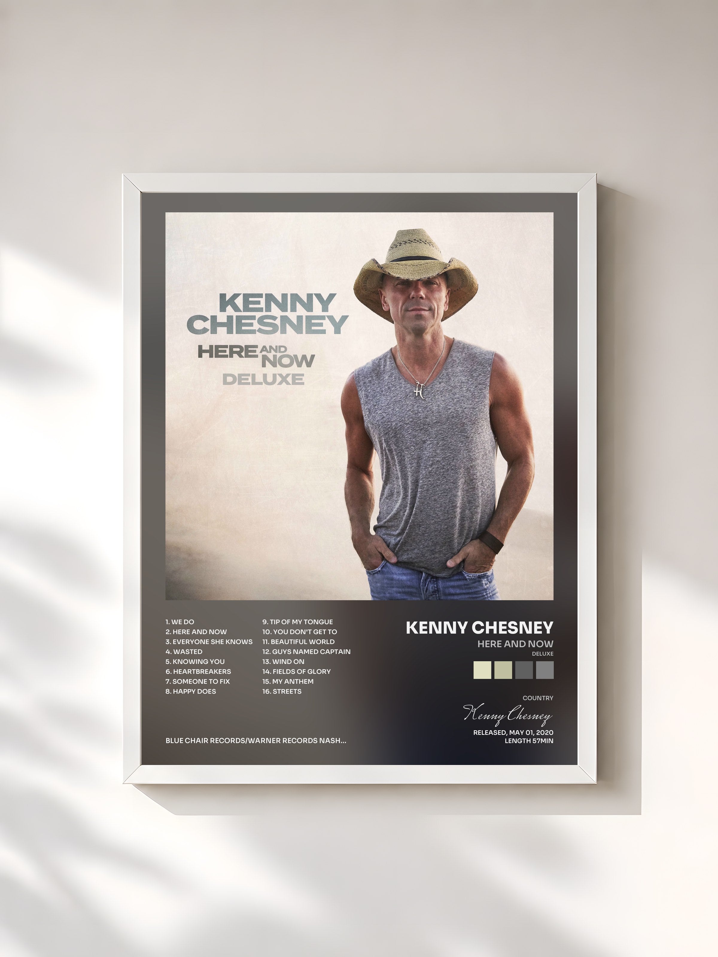#blanc Tableau de l'album Here And Now (Deluxe) de Kenny Chesney, cadre blanc, imprimé et encadré en France