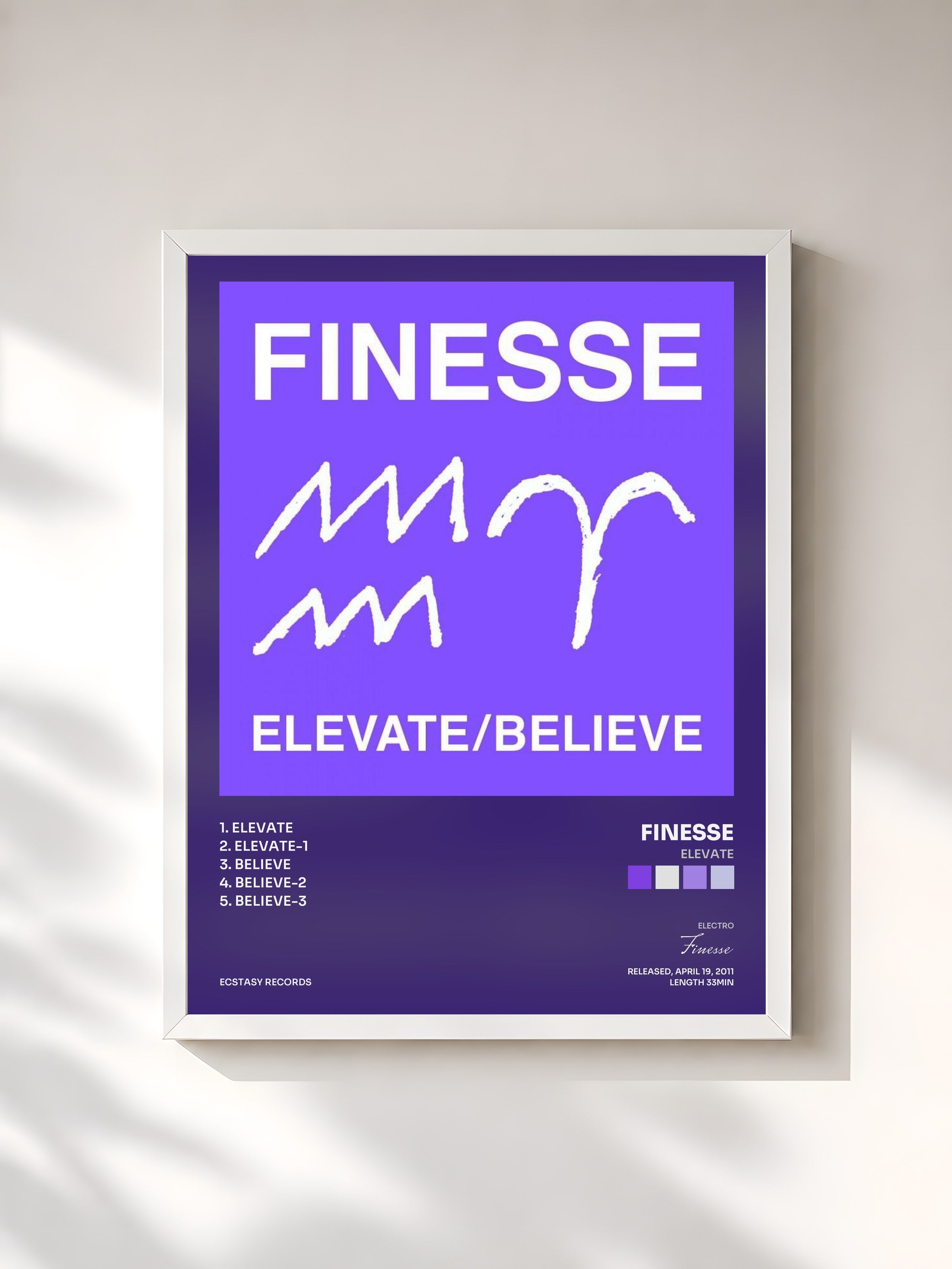 #blanc Tableau de l'album Elevate de Finesse, cadre blanc, imprimé et encadré en France