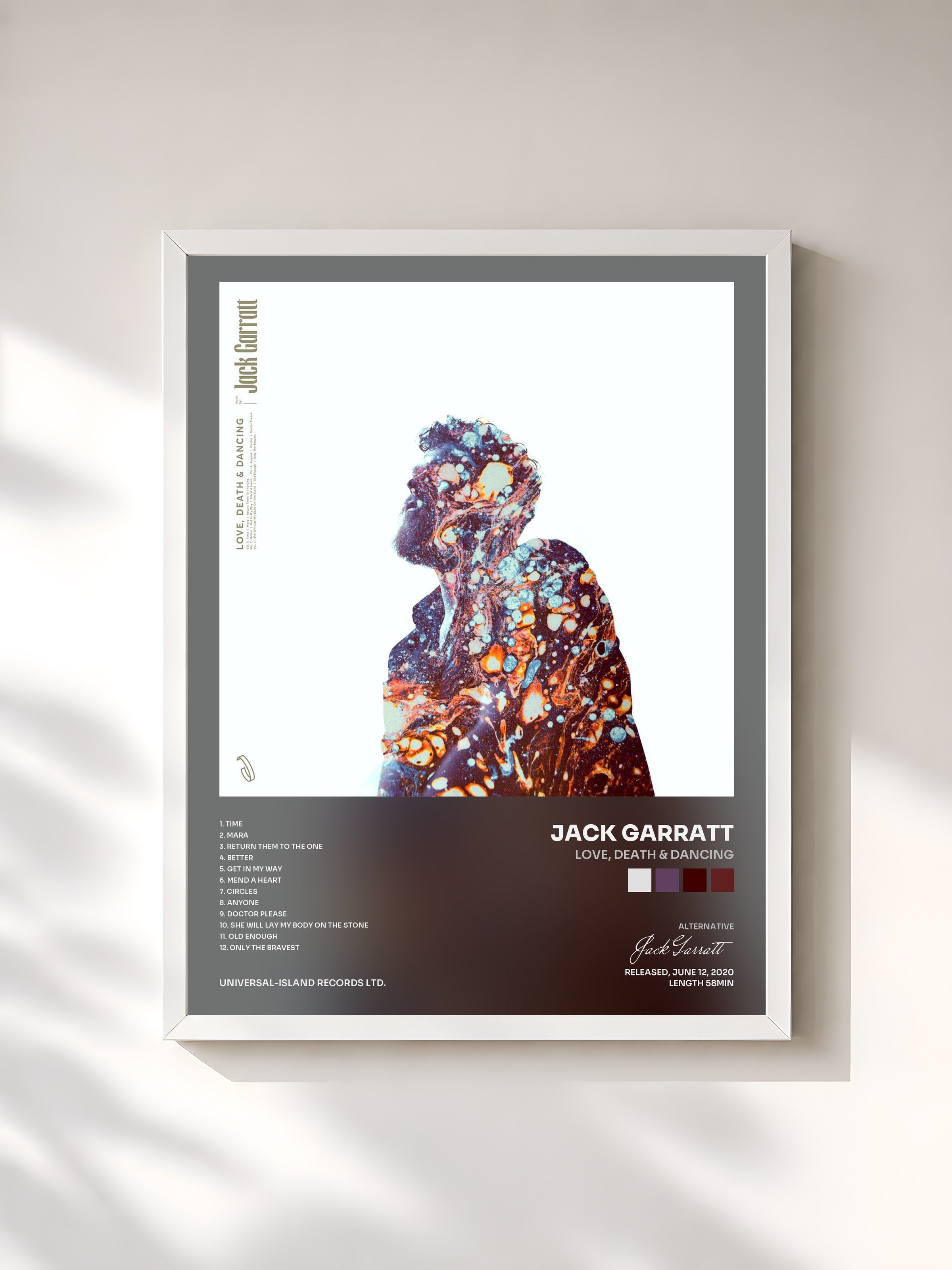 #blanc Tableau de l'album Love, Death & Dancing de Jack Garratt, cadre blanc, imprimé et encadré en France