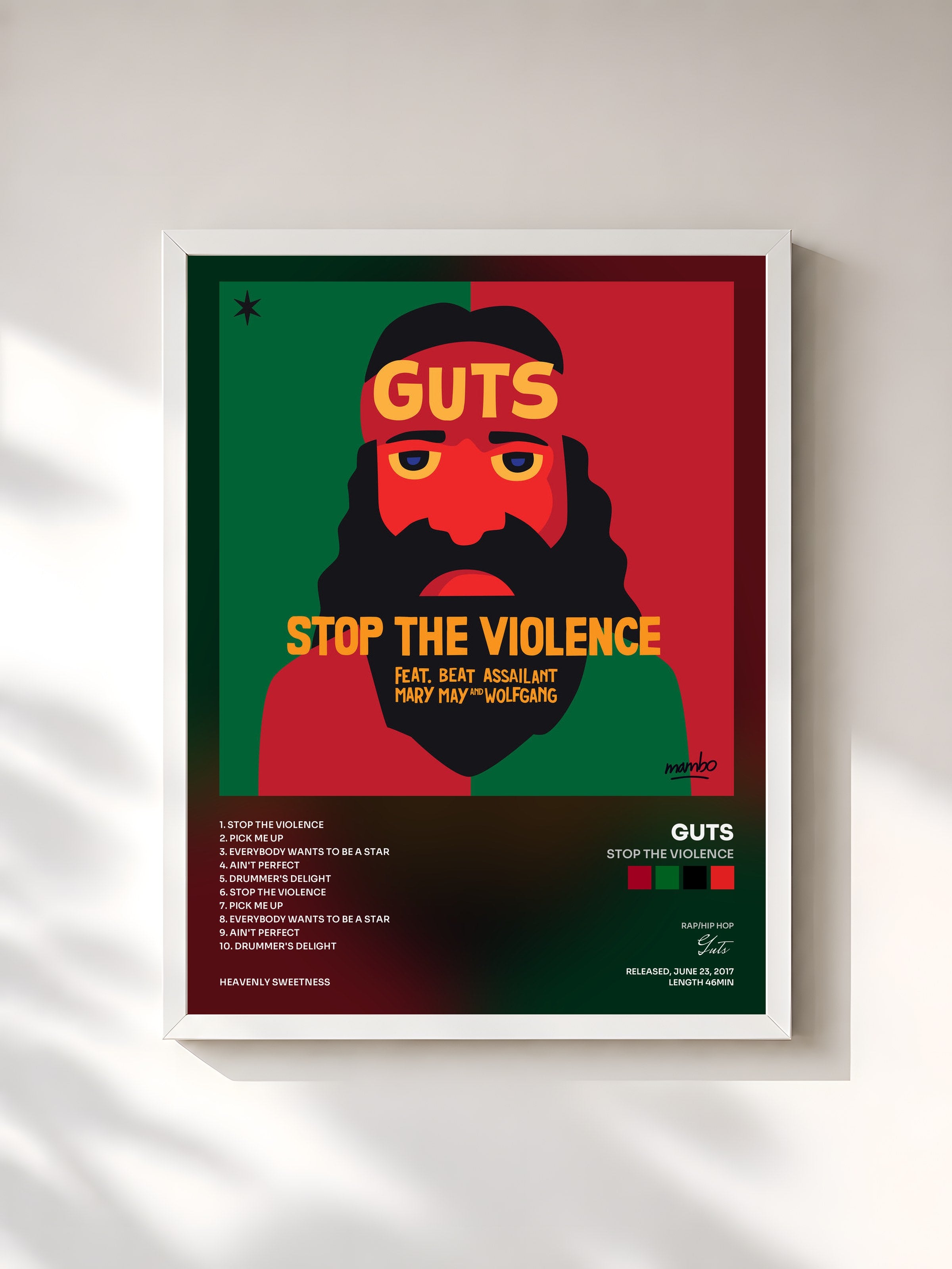 #blanc Tableau de l'album Stop the Violence de Guts, cadre blanc, imprimé et encadré en France