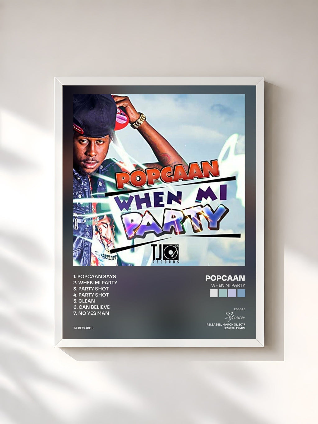 #blanc Tableau de l'album When Mi Party de Popcaan, cadre blanc, imprimé et encadré en France