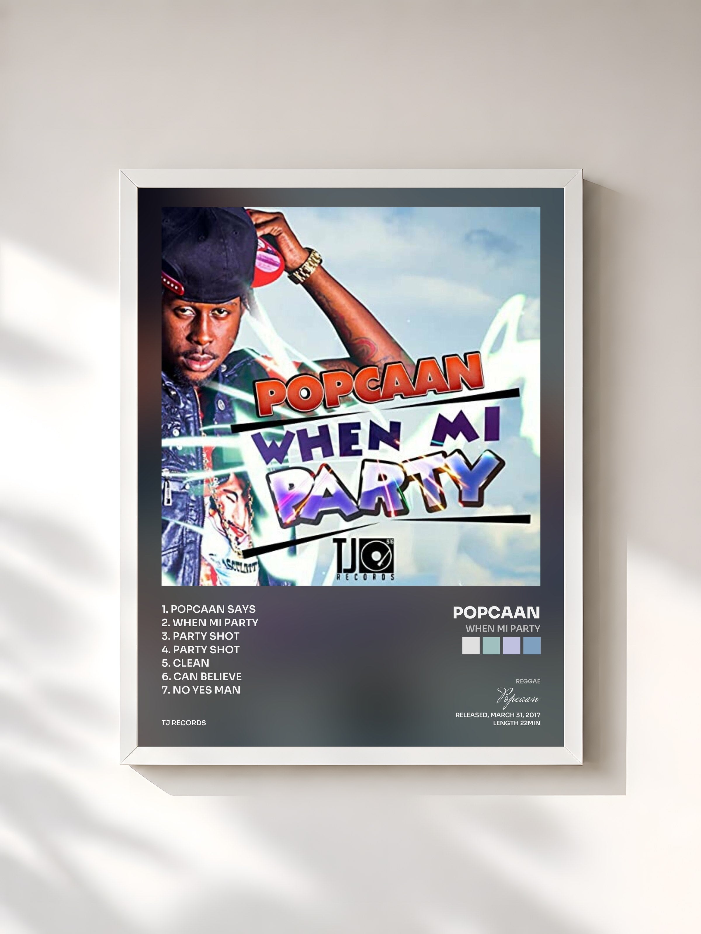 #blanc Tableau de l'album When Mi Party de Popcaan, cadre blanc, imprimé et encadré en France
