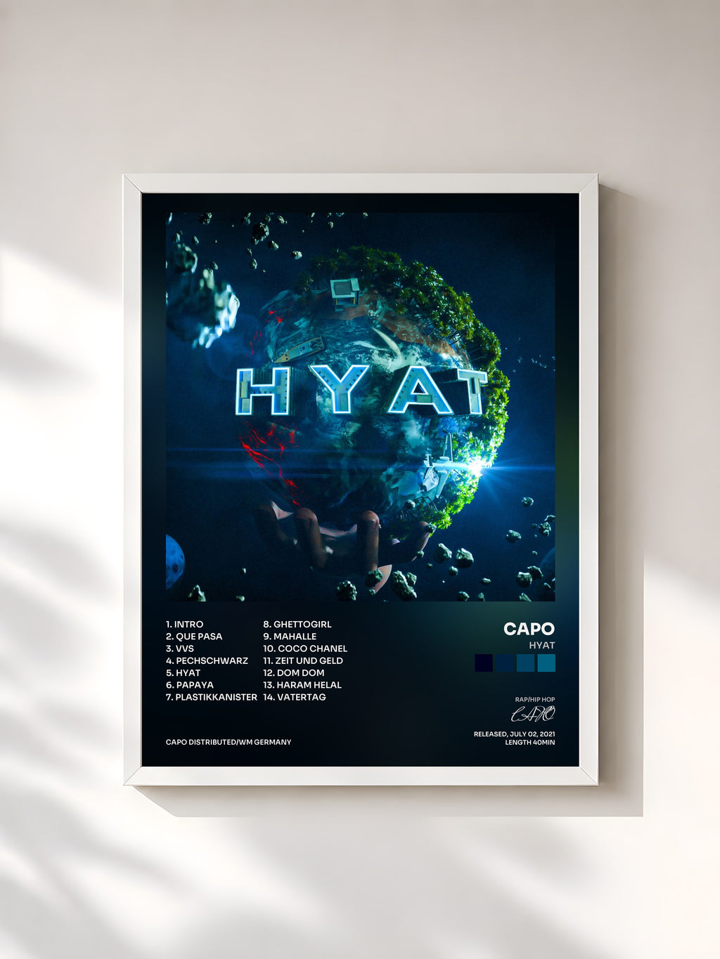 #blanc Tableau de l'album HYAT de CAPO, cadre blanc, imprimé et encadré en France