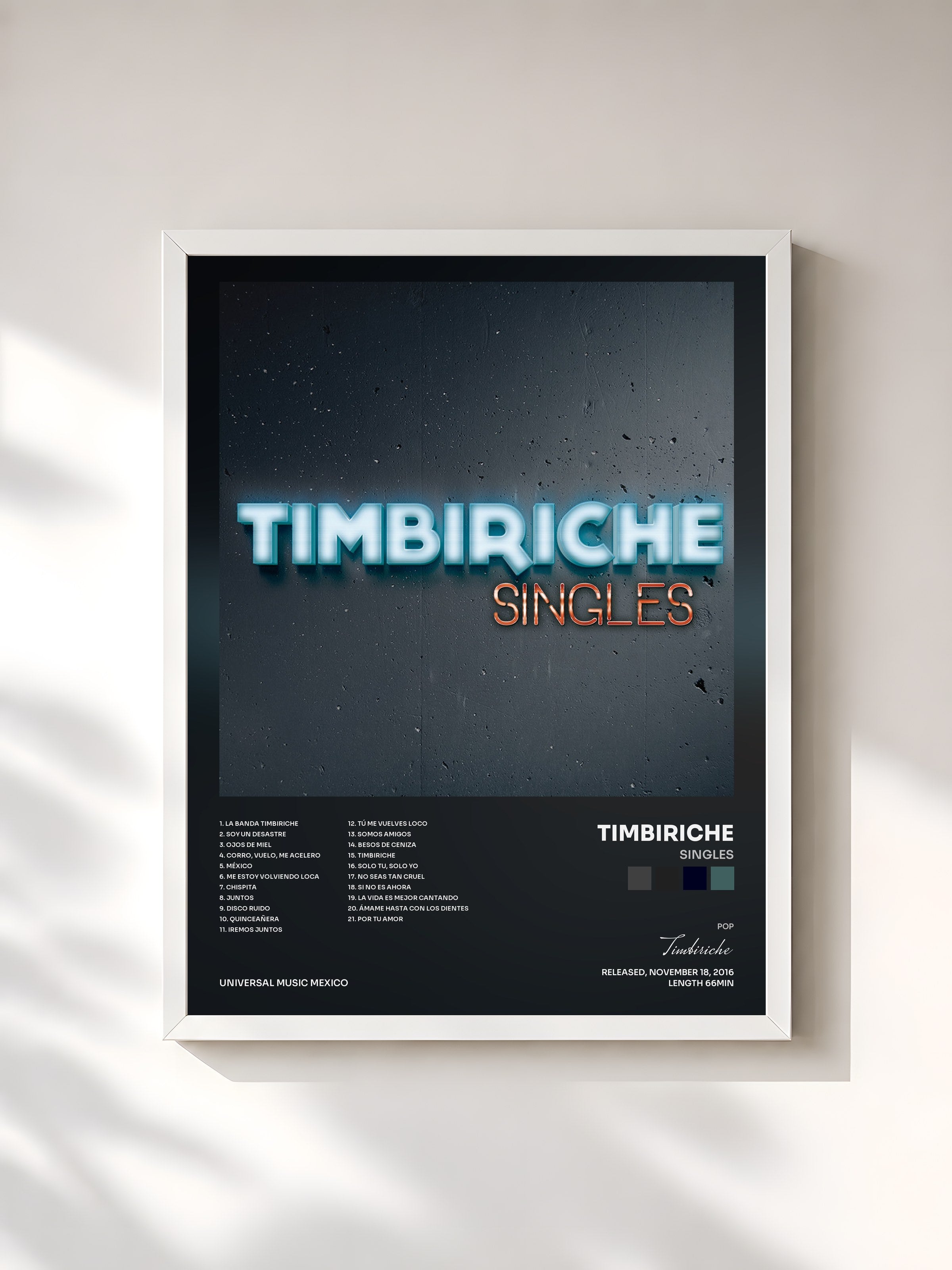 #blanc Tableau de l'album Singles de Timbiriche, cadre blanc, imprimé et encadré en France