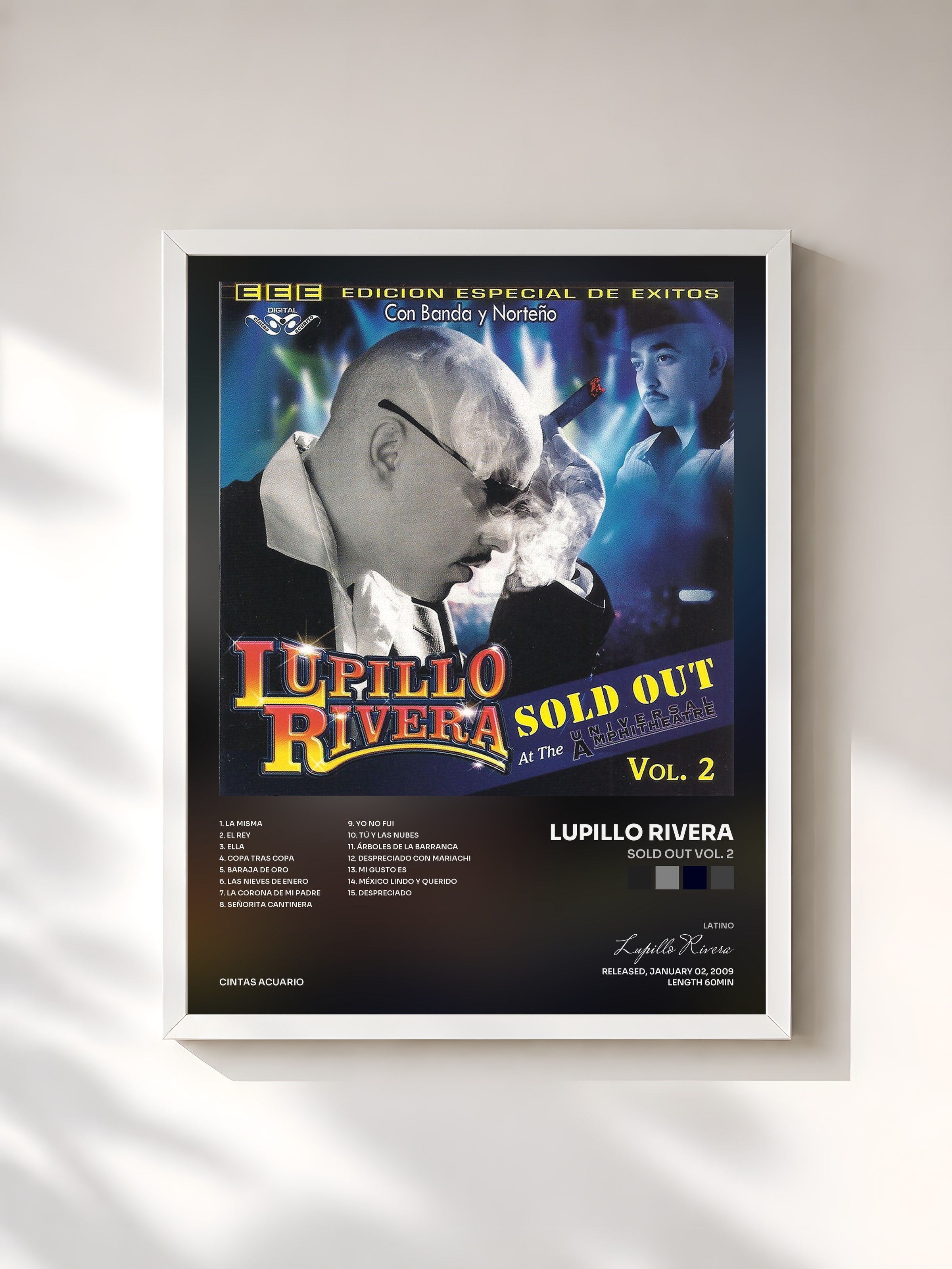 #blanc Tableau de l'album Sold Out Vol. 2 de Lupillo Rivera, cadre blanc, imprimé et encadré en France