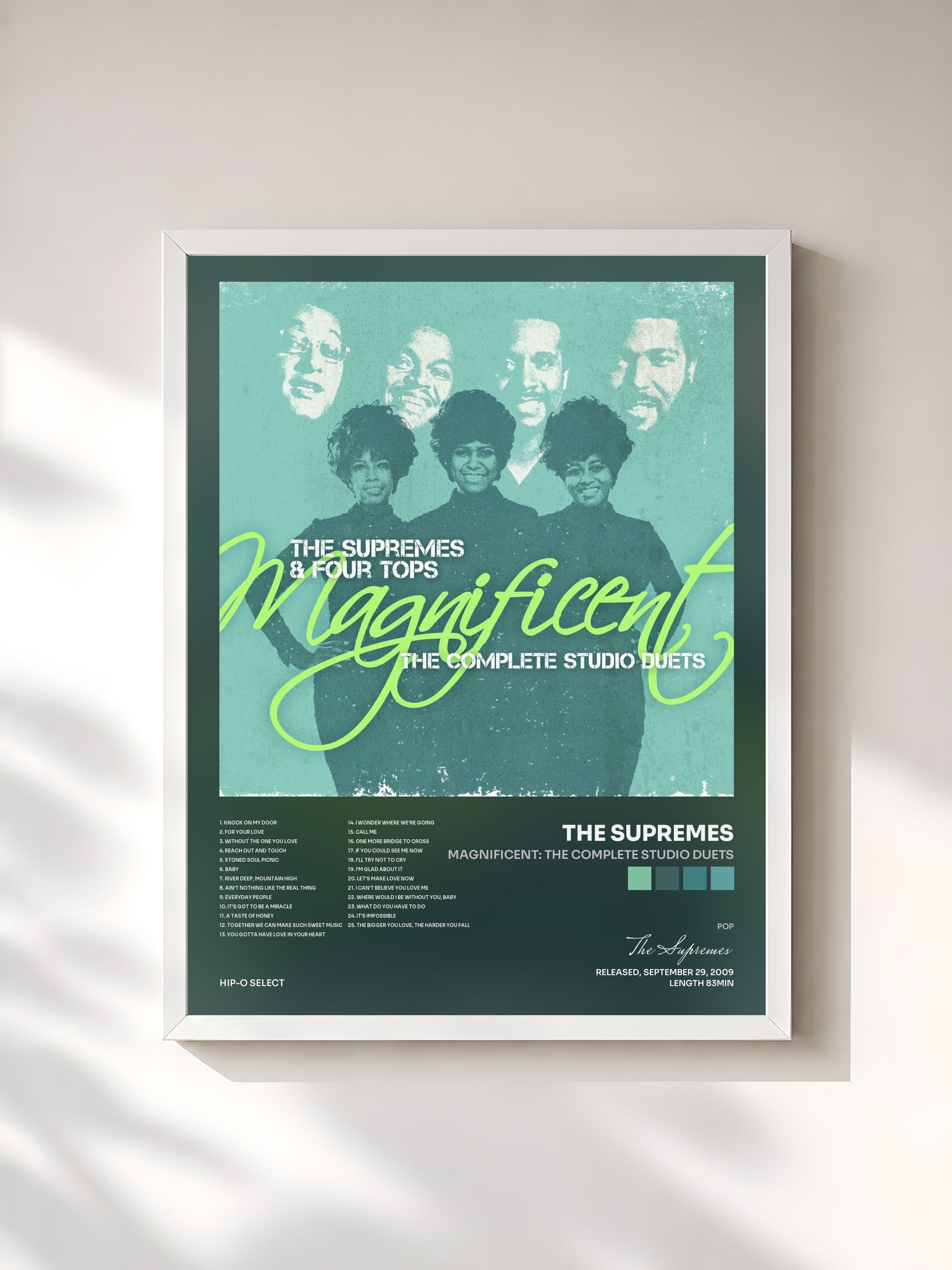 #blanc Tableau de l'album Magnificent: The Complete Studio Duets de The Supremes, cadre blanc, imprimé et encadré en France