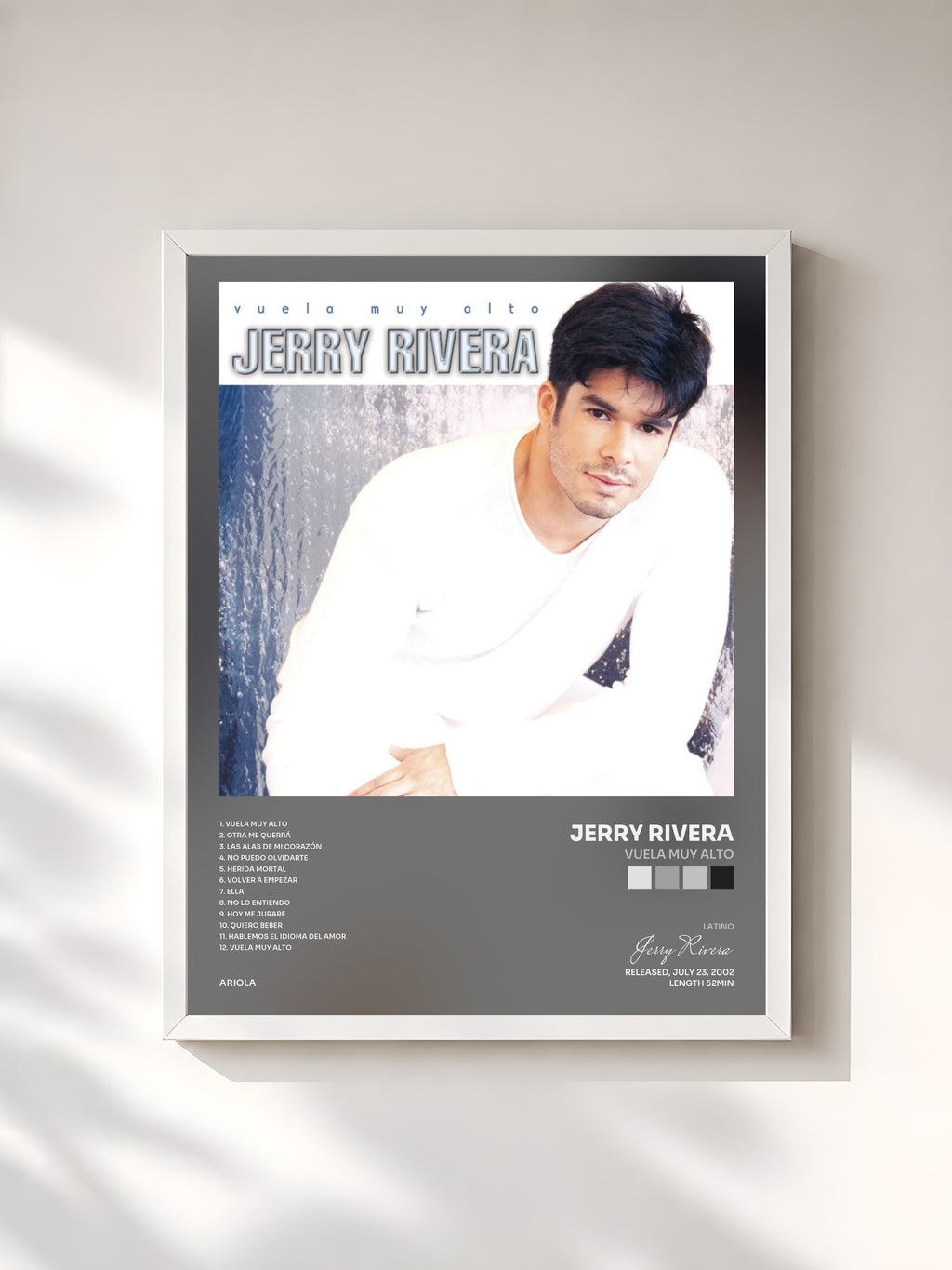 #blanc Tableau de l'album Vuela Muy Alto de Jerry Rivera, cadre blanc, imprimé et encadré en France