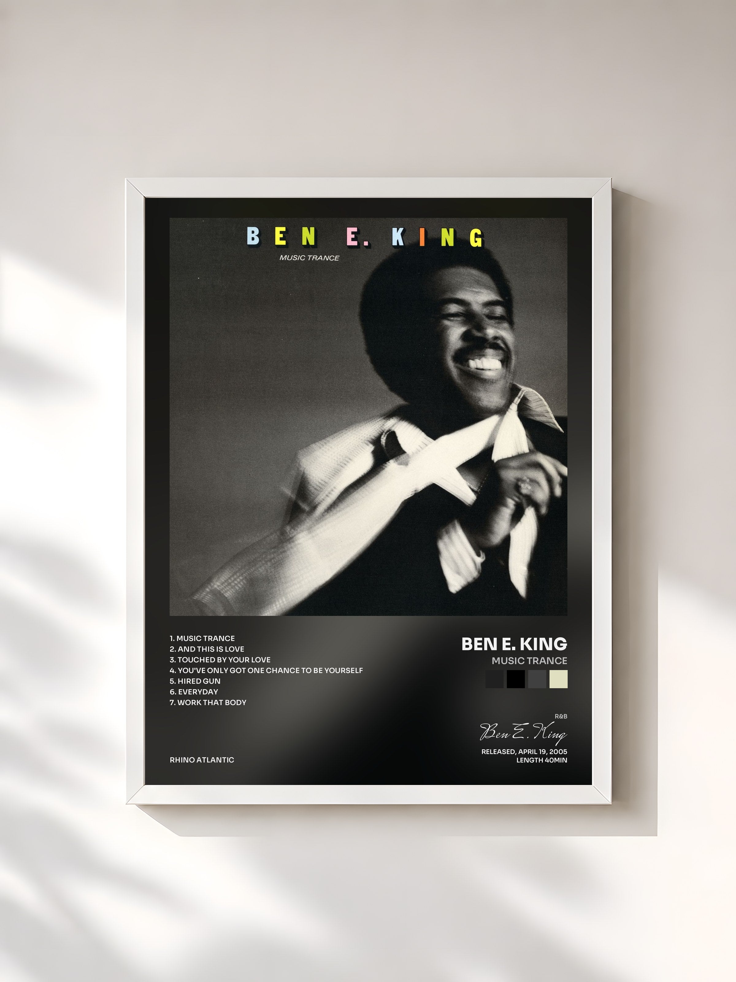 #blanc Tableau de l'album Music Trance de Ben E. King, cadre blanc, imprimé et encadré en France