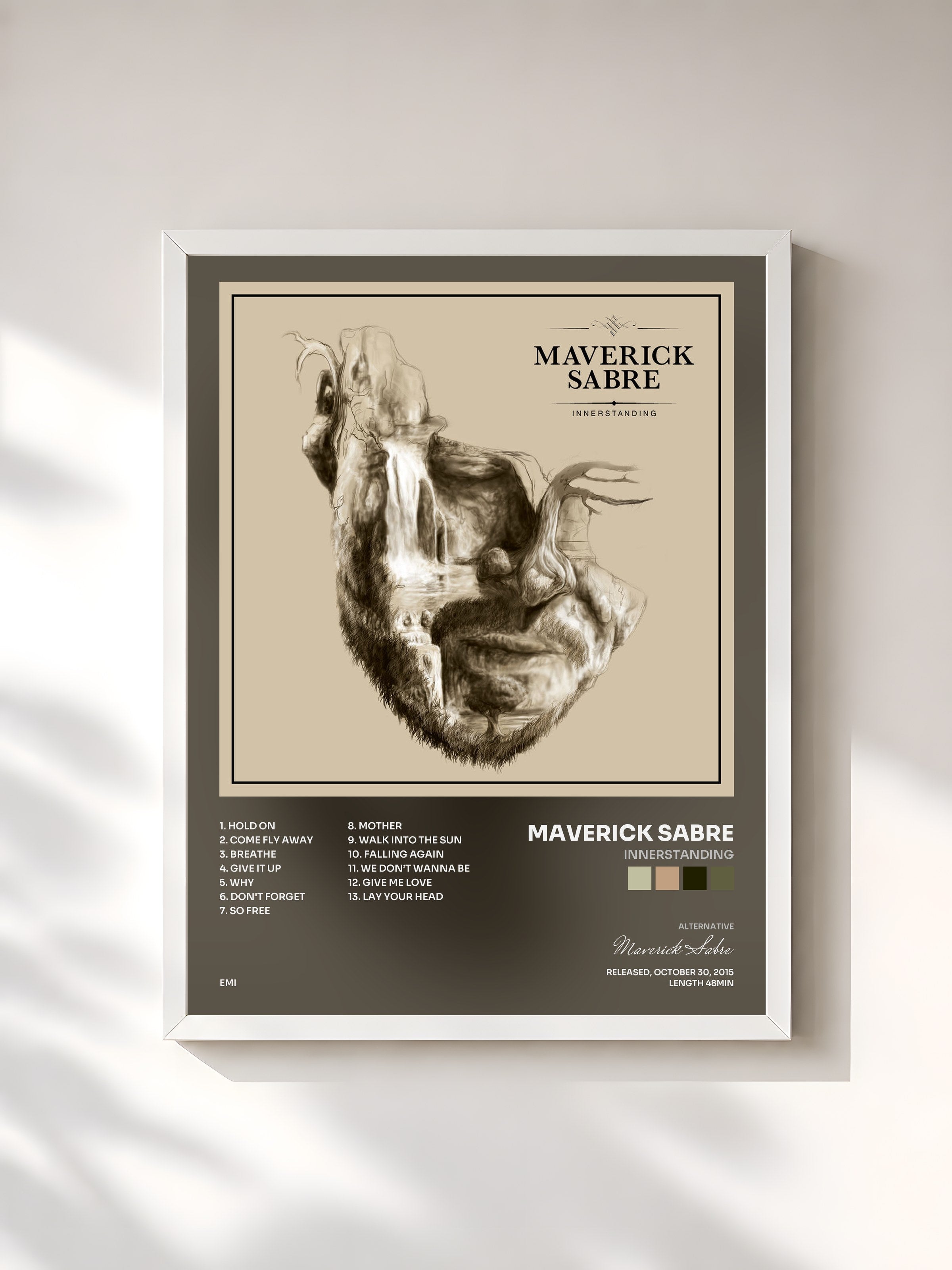 #blanc Tableau de l'album Innerstanding de Maverick Sabre, cadre blanc, imprimé et encadré en France