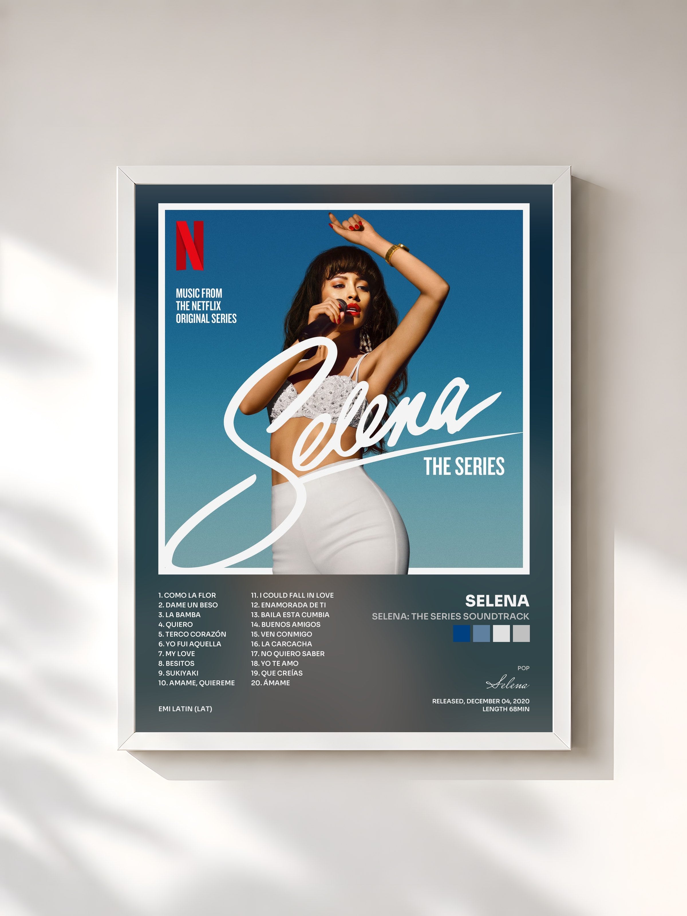 #blanc Tableau de l'album Selena: The Series Soundtrack de Selena, cadre blanc, imprimé et encadré en France