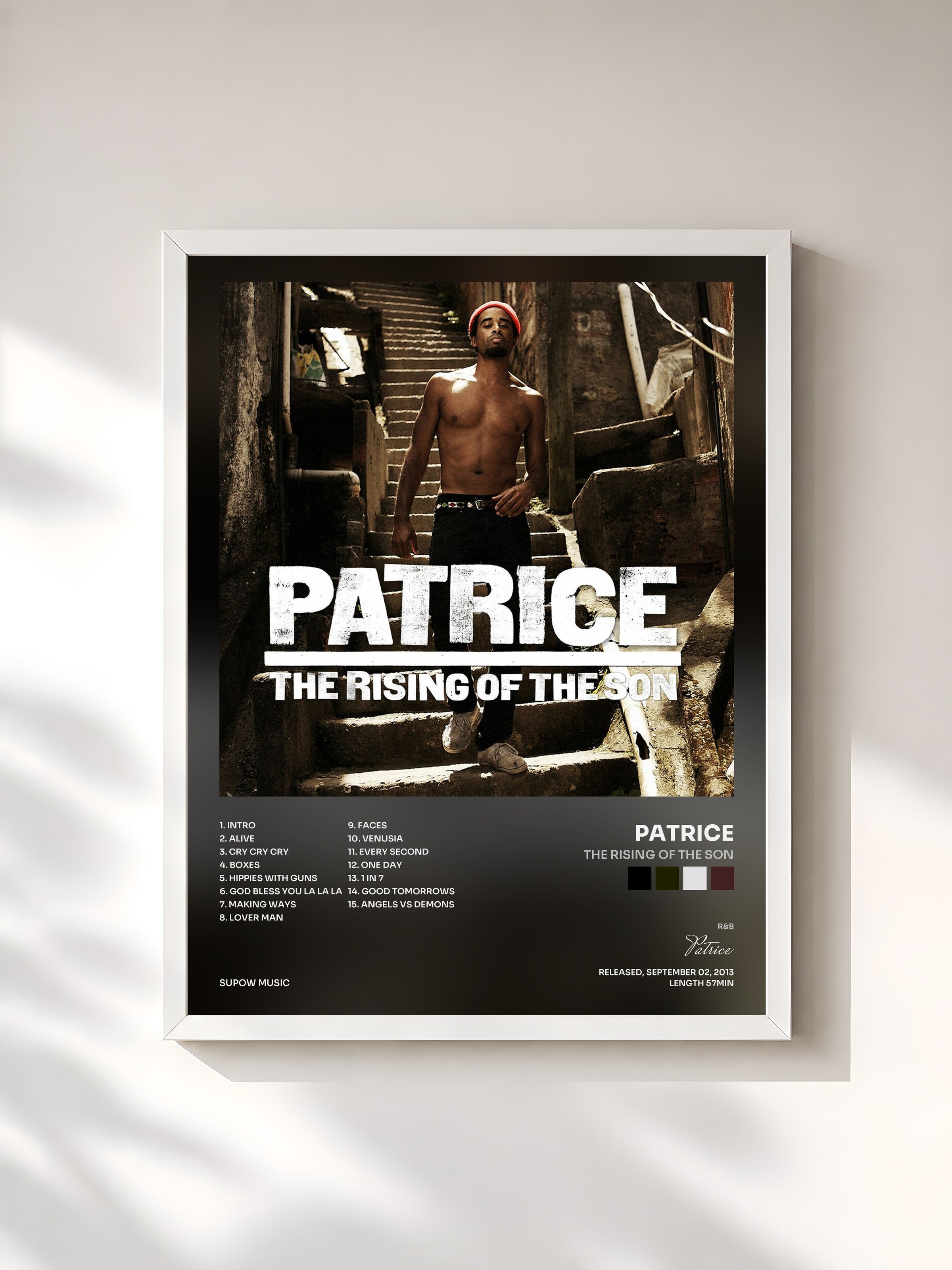 #blanc Tableau de l'album The Rising of the Son de Patrice, cadre blanc, imprimé et encadré en France
