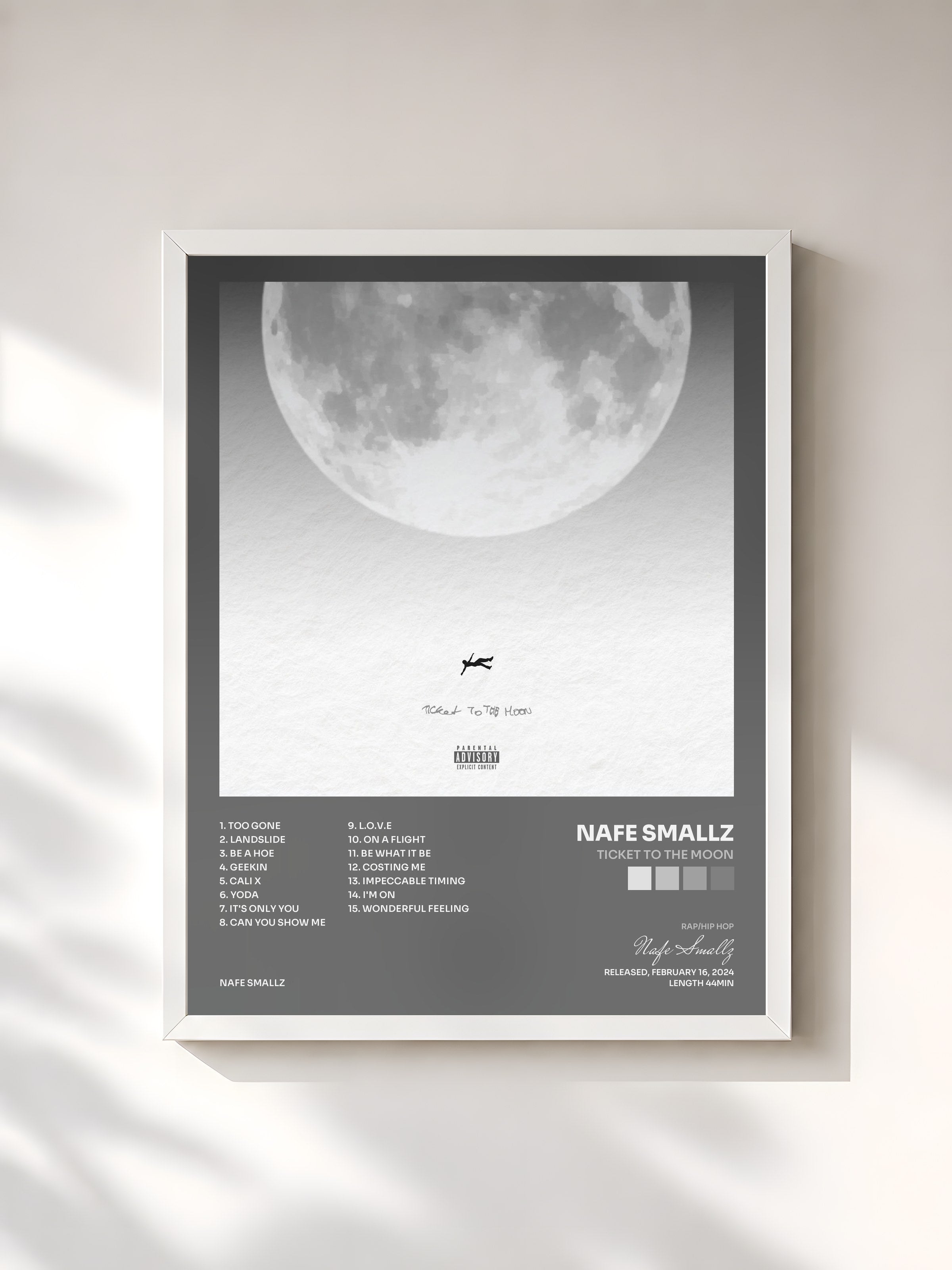 #blanc Tableau de l'album Ticket To The Moon de Nafe Smallz, cadre blanc, imprimé et encadré en France
