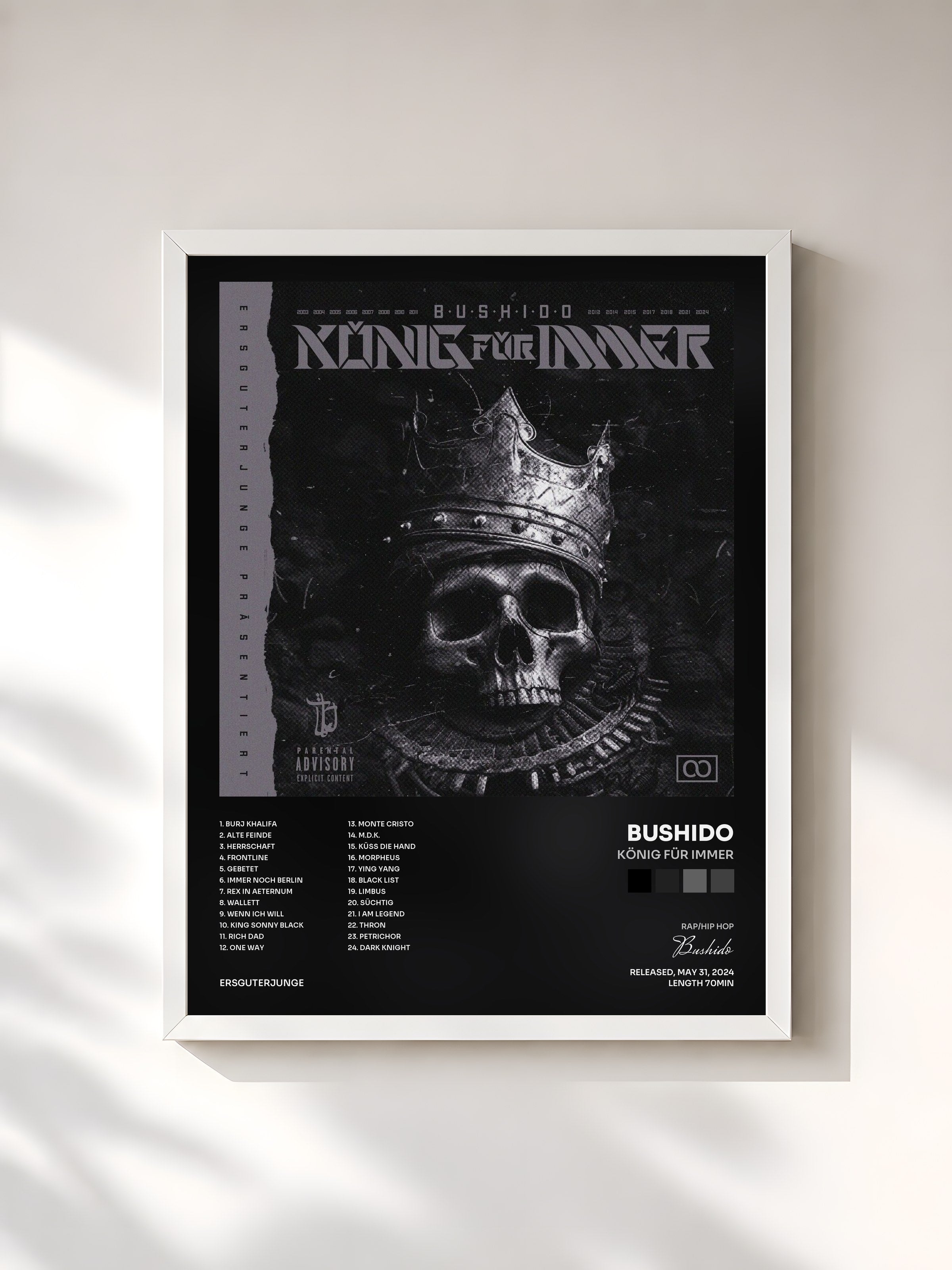 #blanc Tableau de l'album König für immer de Bushido, cadre blanc, imprimé et encadré en France