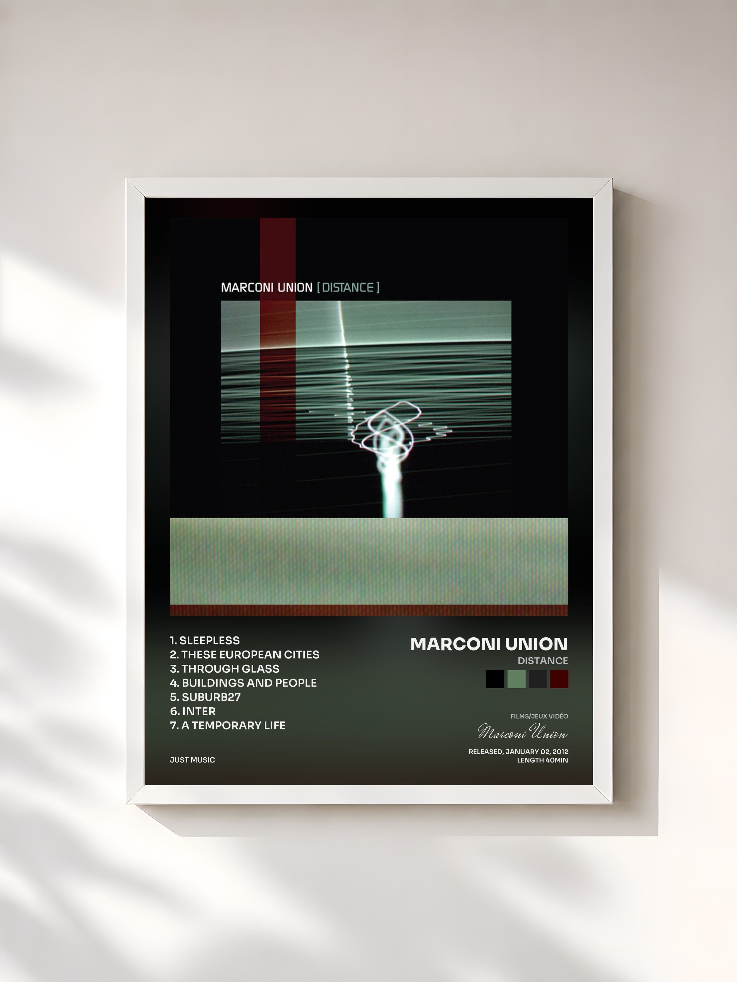 #blanc Tableau de l'album Distance de Marconi Union, cadre blanc, imprimé et encadré en France