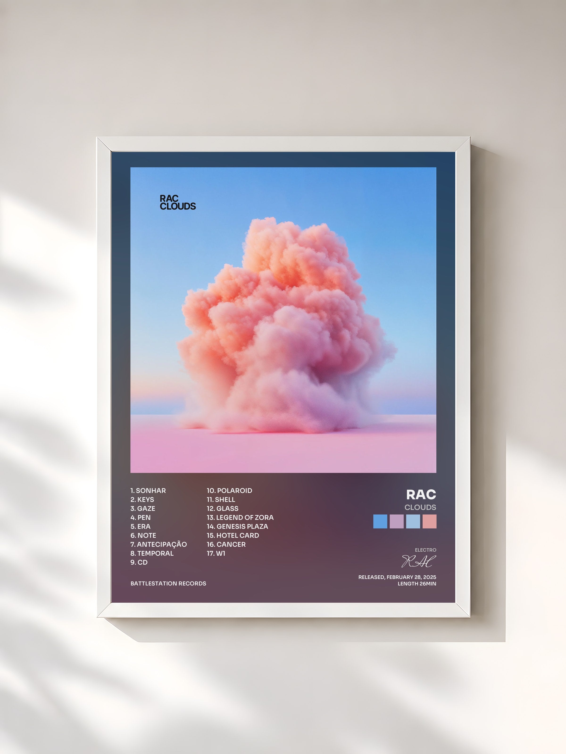 #blanc Tableau de l'album CLOUDS de RAC, cadre blanc, imprimé et encadré en France