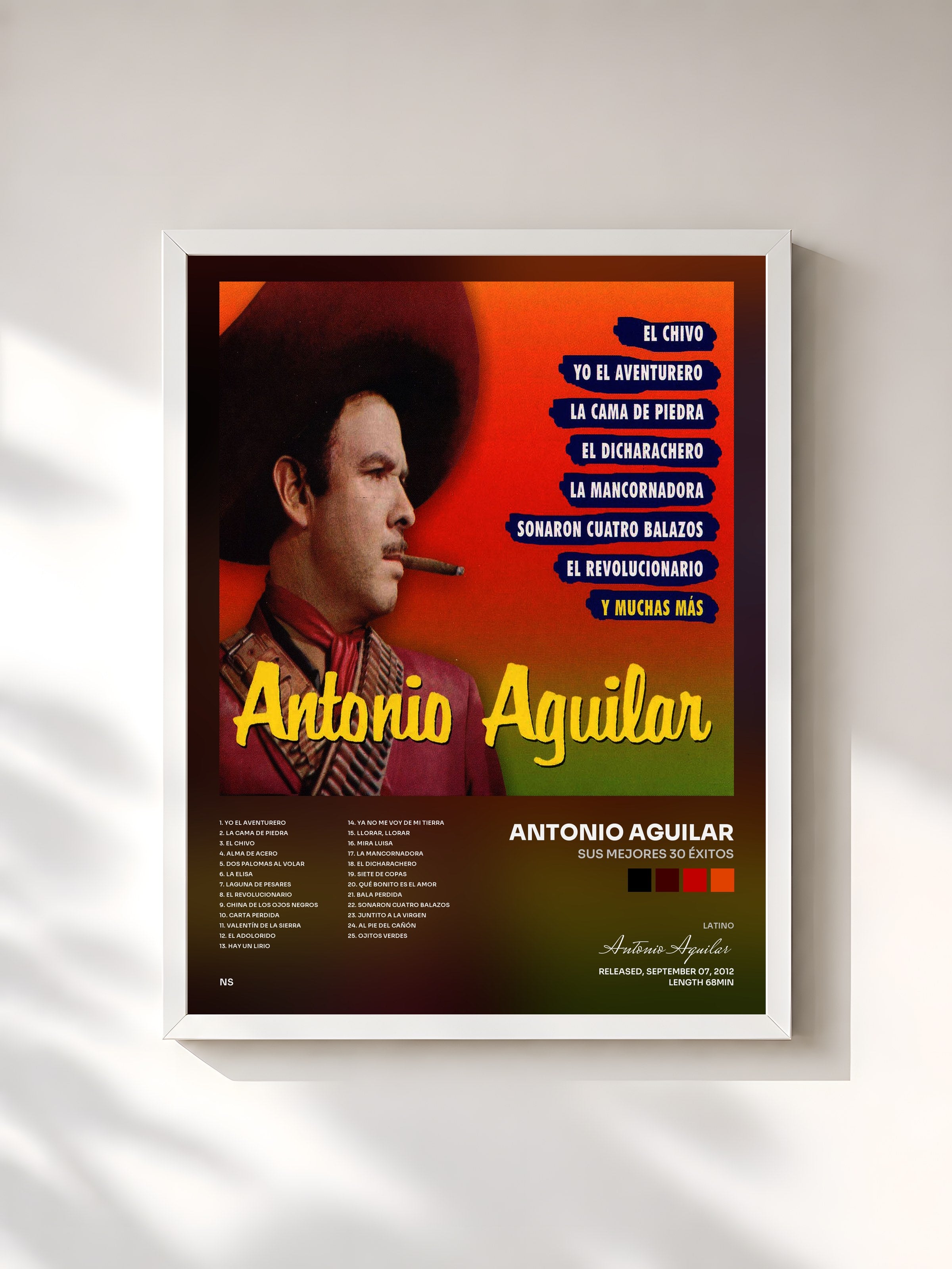 #blanc Tableau de l'album Sus Mejores 30 Éxitos de Antonio Aguilar, cadre blanc, imprimé et encadré en France