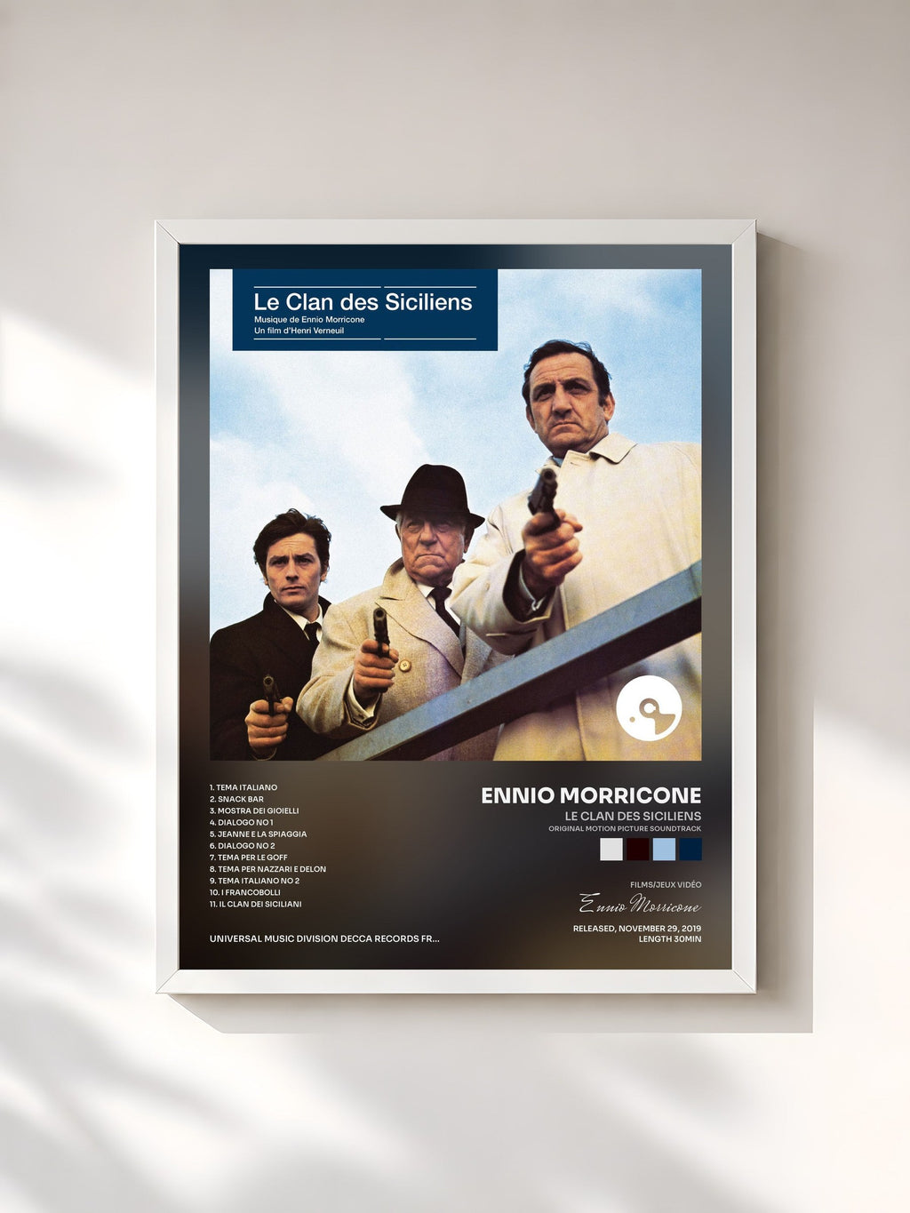 #blanc Tableau de l'album Le clan des Siciliens (Original Motion Picture Soundtrack) de Ennio Morricone, cadre blanc, imprimé et encadré en France