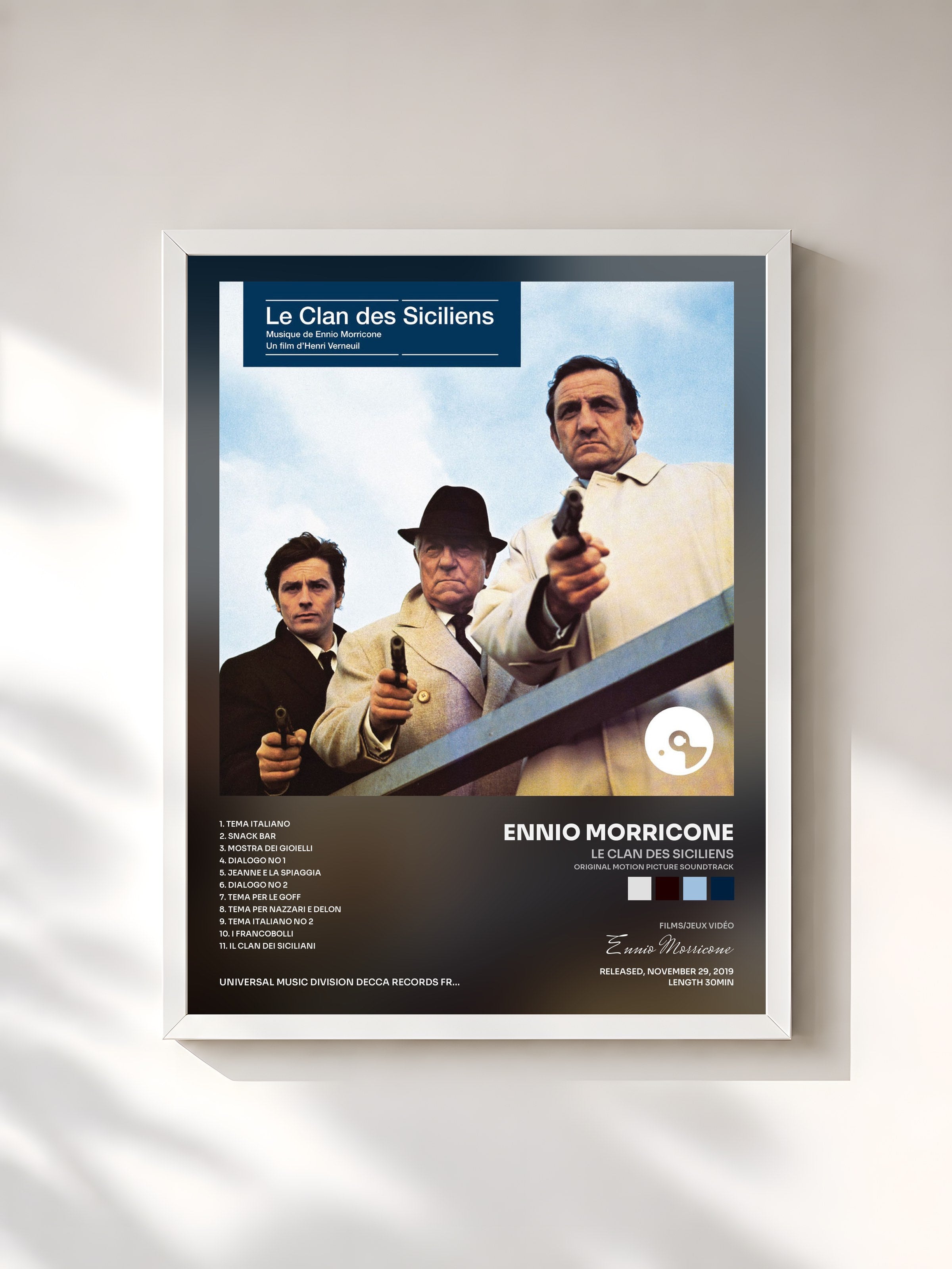 #blanc Tableau de l'album Le clan des Siciliens (Original Motion Picture Soundtrack) de Ennio Morricone, cadre blanc, imprimé et encadré en France