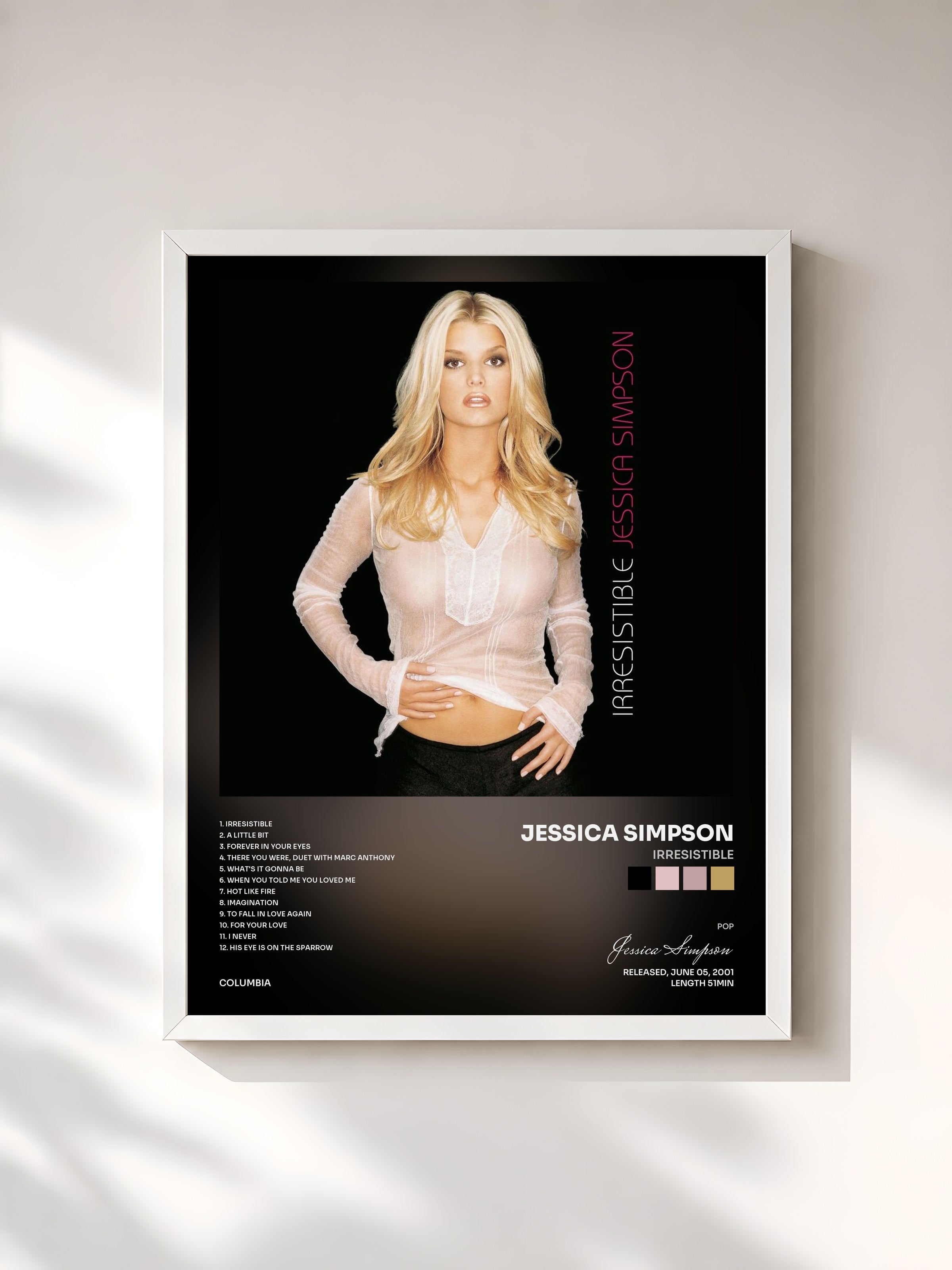 #blanc Tableau de l'album Irresistible de Jessica Simpson, cadre blanc, imprimé et encadré en France