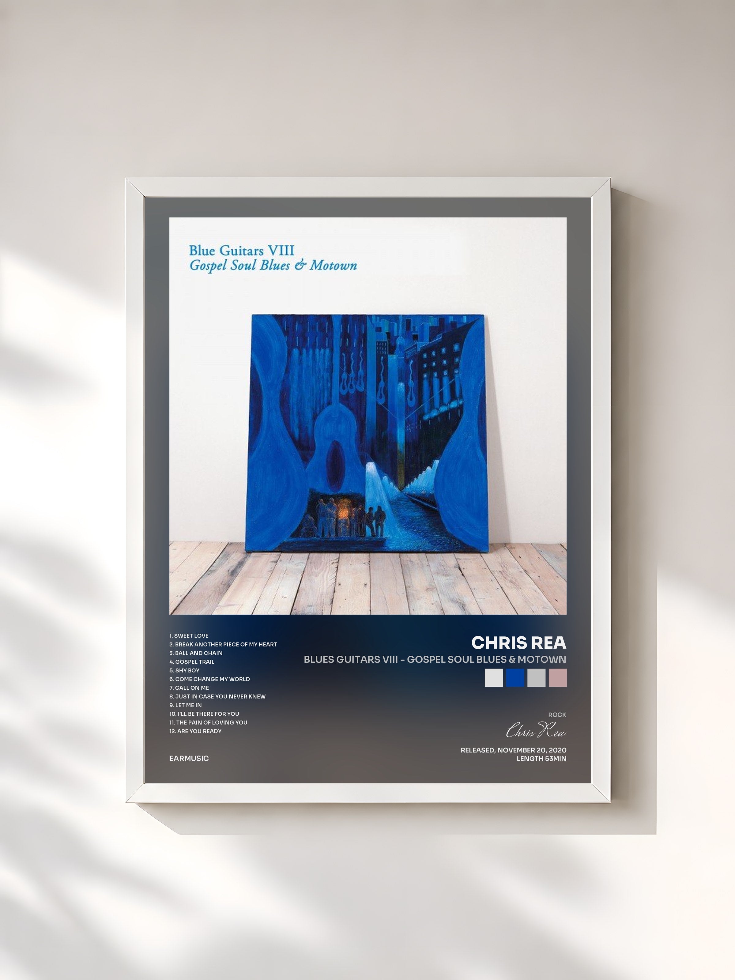 #blanc Tableau de l'album Blues Guitars VIII - Gospel Soul Blues & Motown de Chris Rea, cadre blanc, imprimé et encadré en France