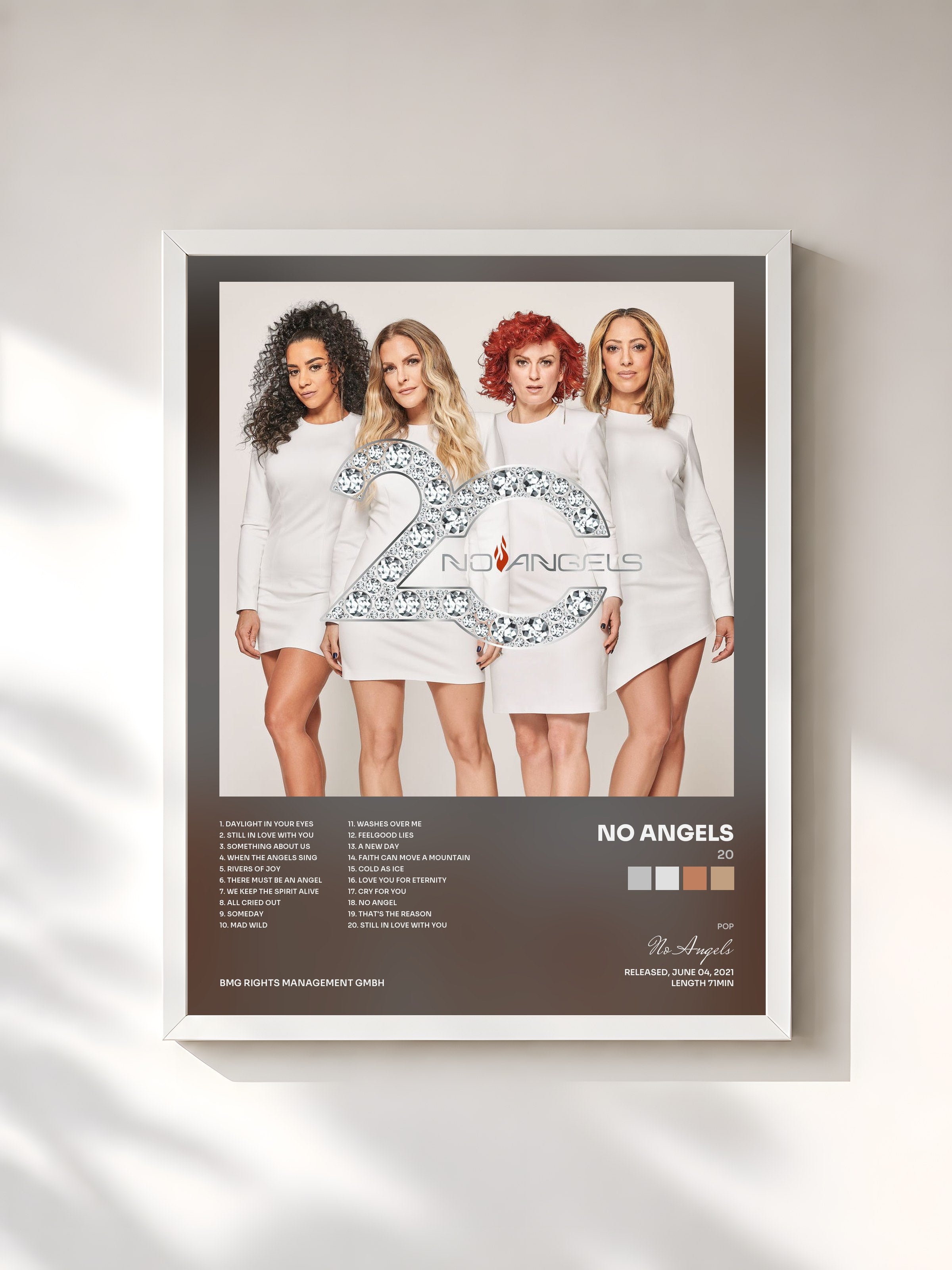 #blanc Tableau de l'album 20 de No Angels, cadre blanc, imprimé et encadré en France