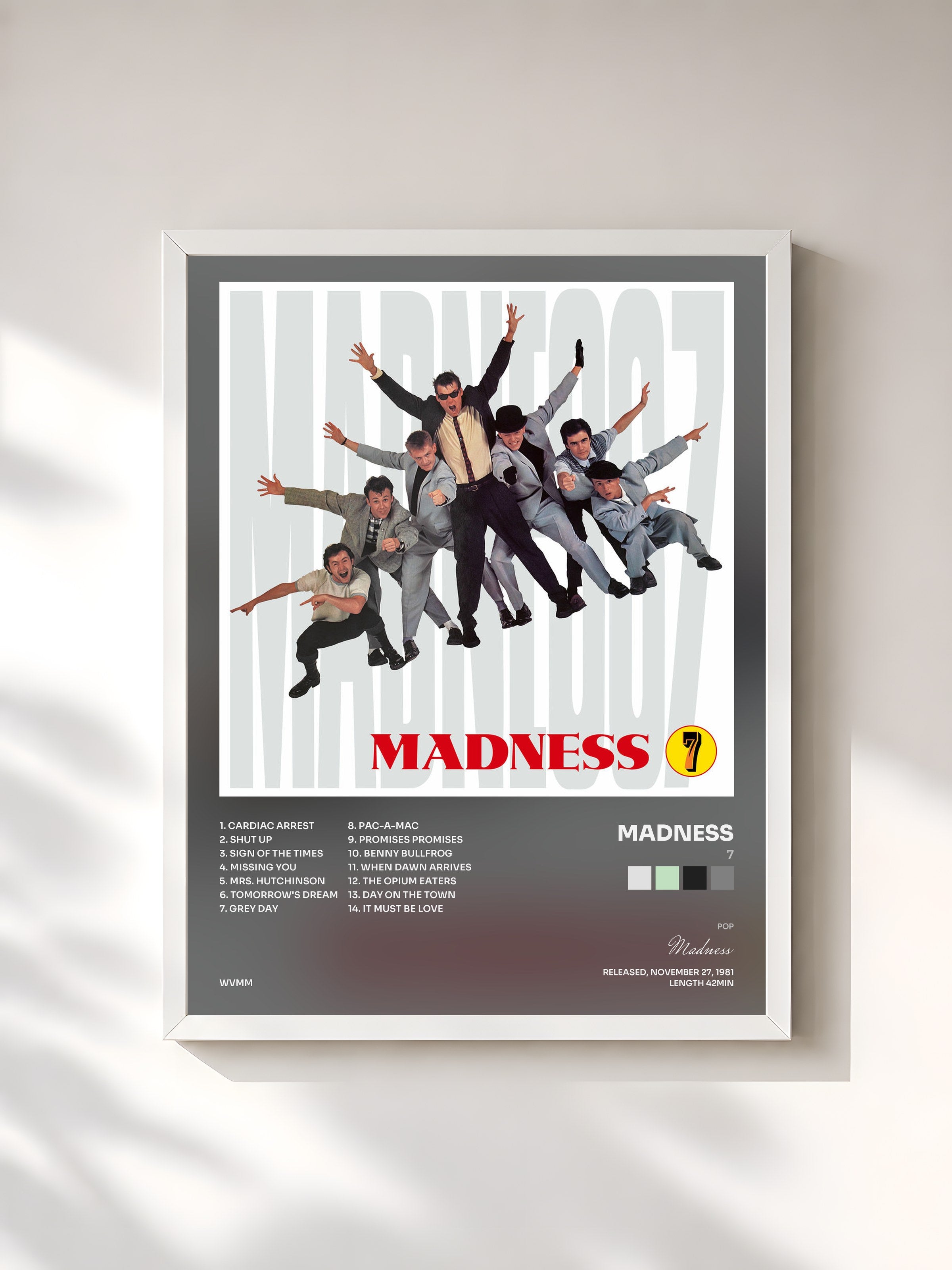 #blanc Tableau de l'album 7 de Madness, cadre blanc, imprimé et encadré en France