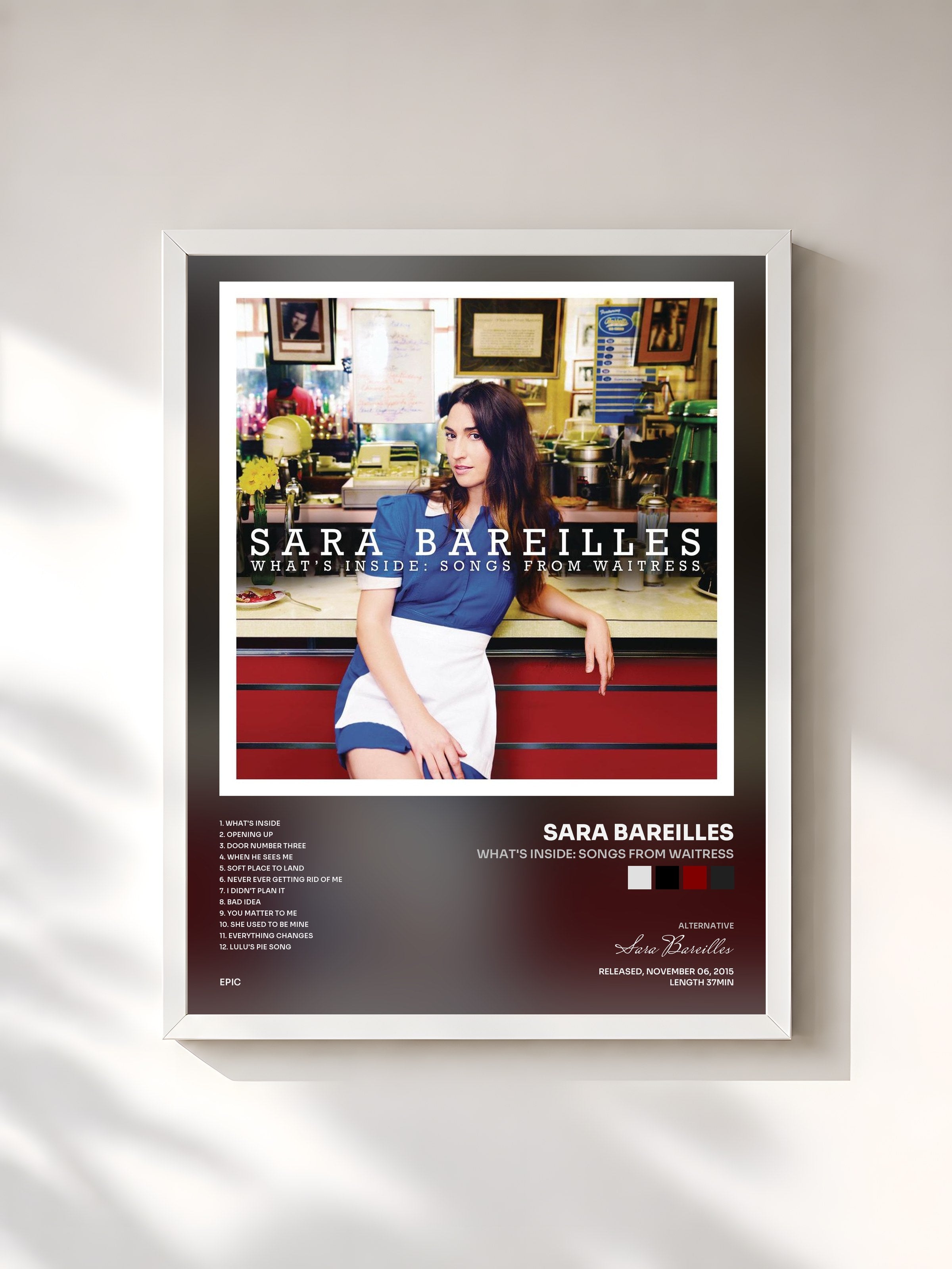 #blanc Tableau de l'album What's Inside: Songs from Waitress de Sara Bareilles, cadre blanc, imprimé et encadré en France