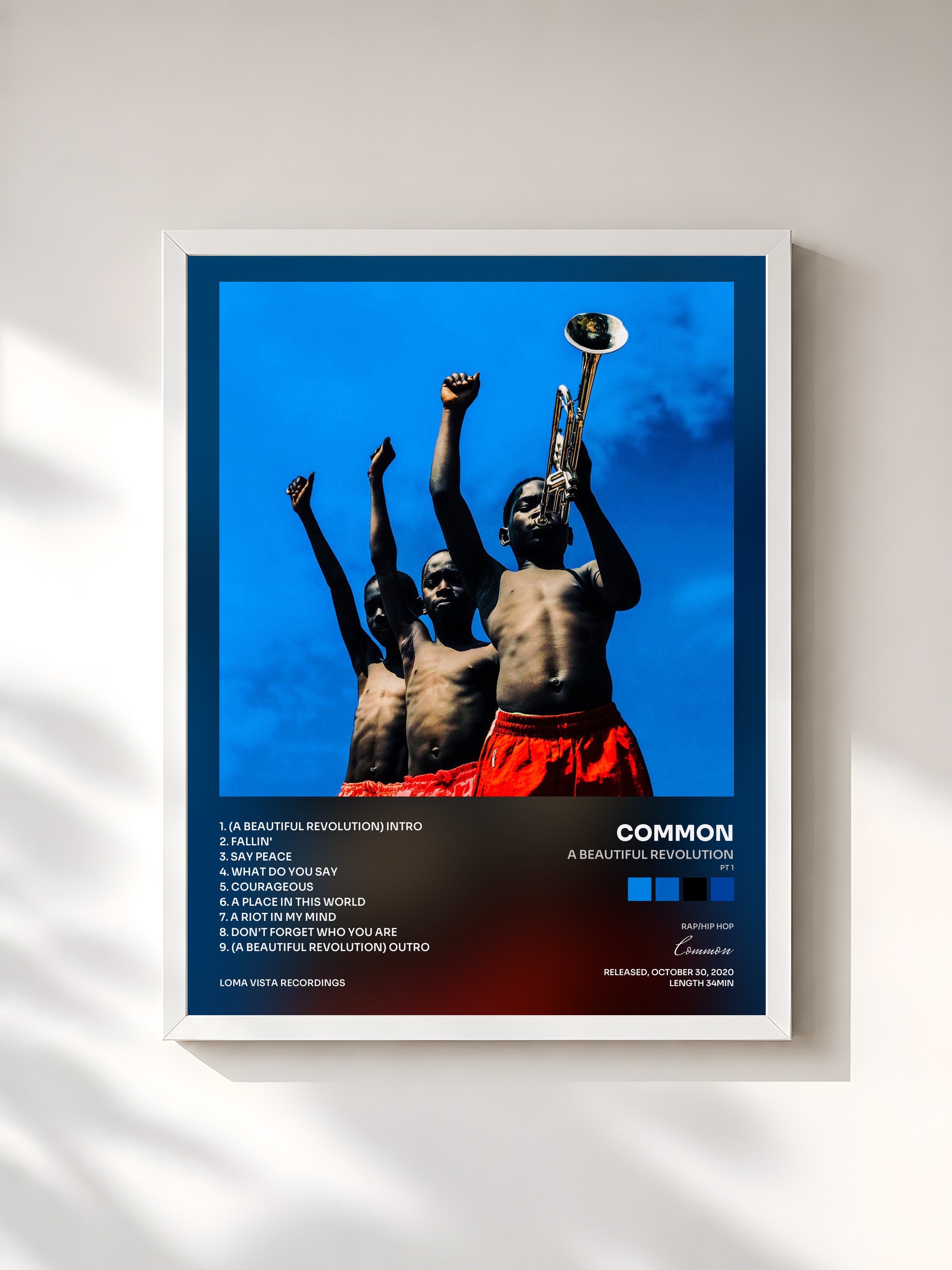 #blanc Tableau de l'album A Beautiful Revolution (Pt 1) de Common, cadre blanc, imprimé et encadré en France